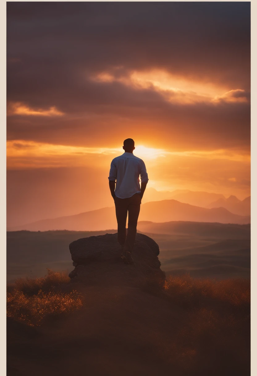 It generates a cinematic portrait of a person on his back sitting on the horizon looking up at the sky at sunset with beautiful images in a prayerful attitude. A hard work man walking