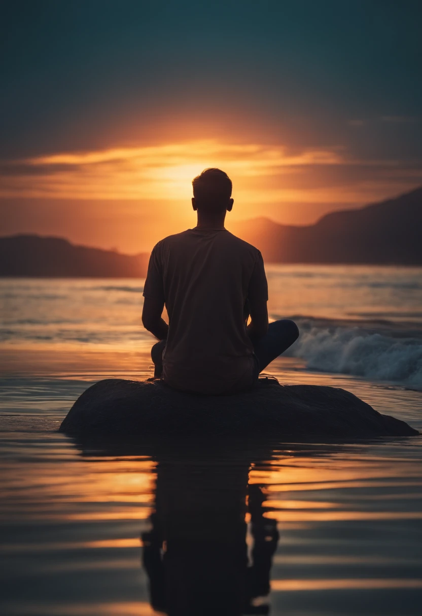 It generates a cinematic portrait of a person on his back sitting on the horizon looking up at the sky at sunset with beautiful images in a prayerful attitude. A hard work man walking