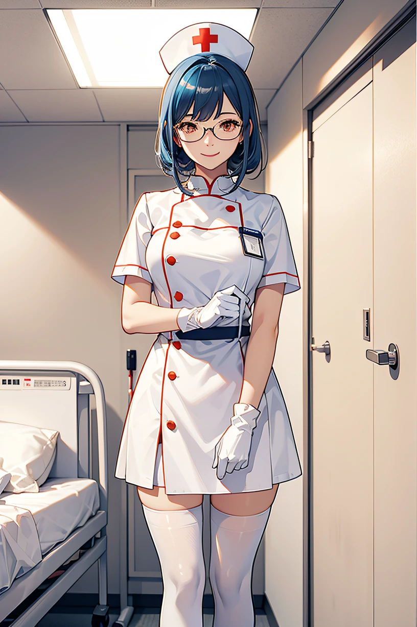 1girl, solo, nurse, nurse cap, white wear, ((white legwear, zettai ryouiki)), white gloves, glasses, blue hair, orange eyes, smile, standing, ((hospital room)), sharp outline, short sleeves, best quality, masterpiece