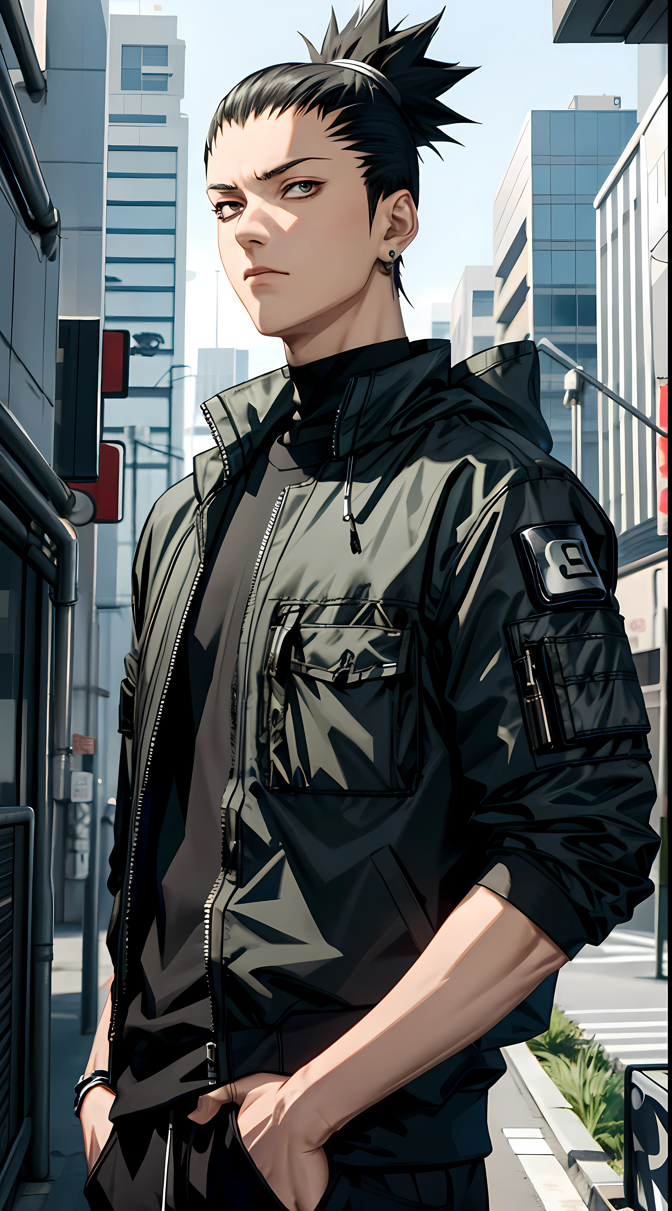 Masterpiece, 1boy, Superb Style, cyberpunk style, Streetwear clothes, Outdoor, Upper Body, Shikamaru nara, bright eyes, black hair, cool boy