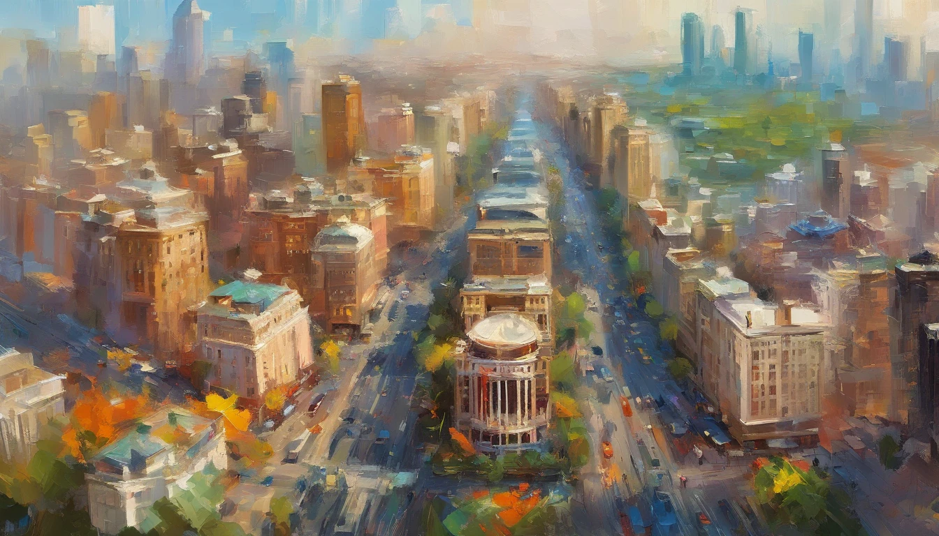 Daytime from the city, Surrounded by parks ,Buildings,Bird's eye view of the city building skyline, Traffic is moving,Masterpiece oil painting, Drawing by Mark Lague.