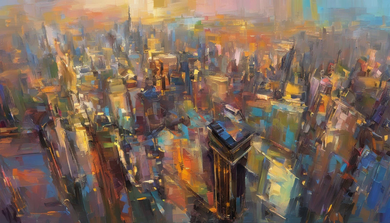 Daytime from the city, Surrounded by parks ，Buildings，Bird's eye view of the city building skyline, Traffic is moving，Masterpiece oil painting, Drawing by Mark Lague.