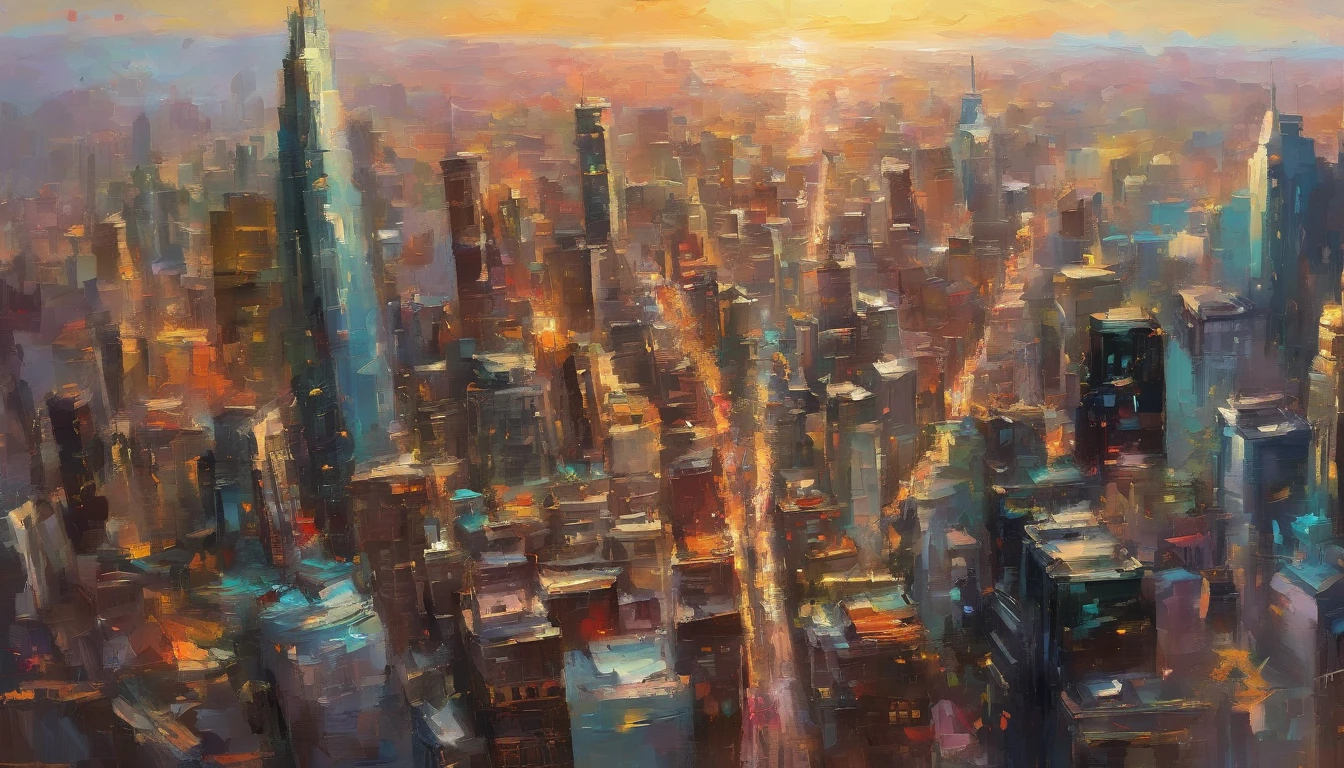 Daytime from the city, Surrounded by parks ,Buildings,Bird's eye view of the city building skyline, Traffic is moving,Masterpiece oil painting, Drawing by Mark Lague.