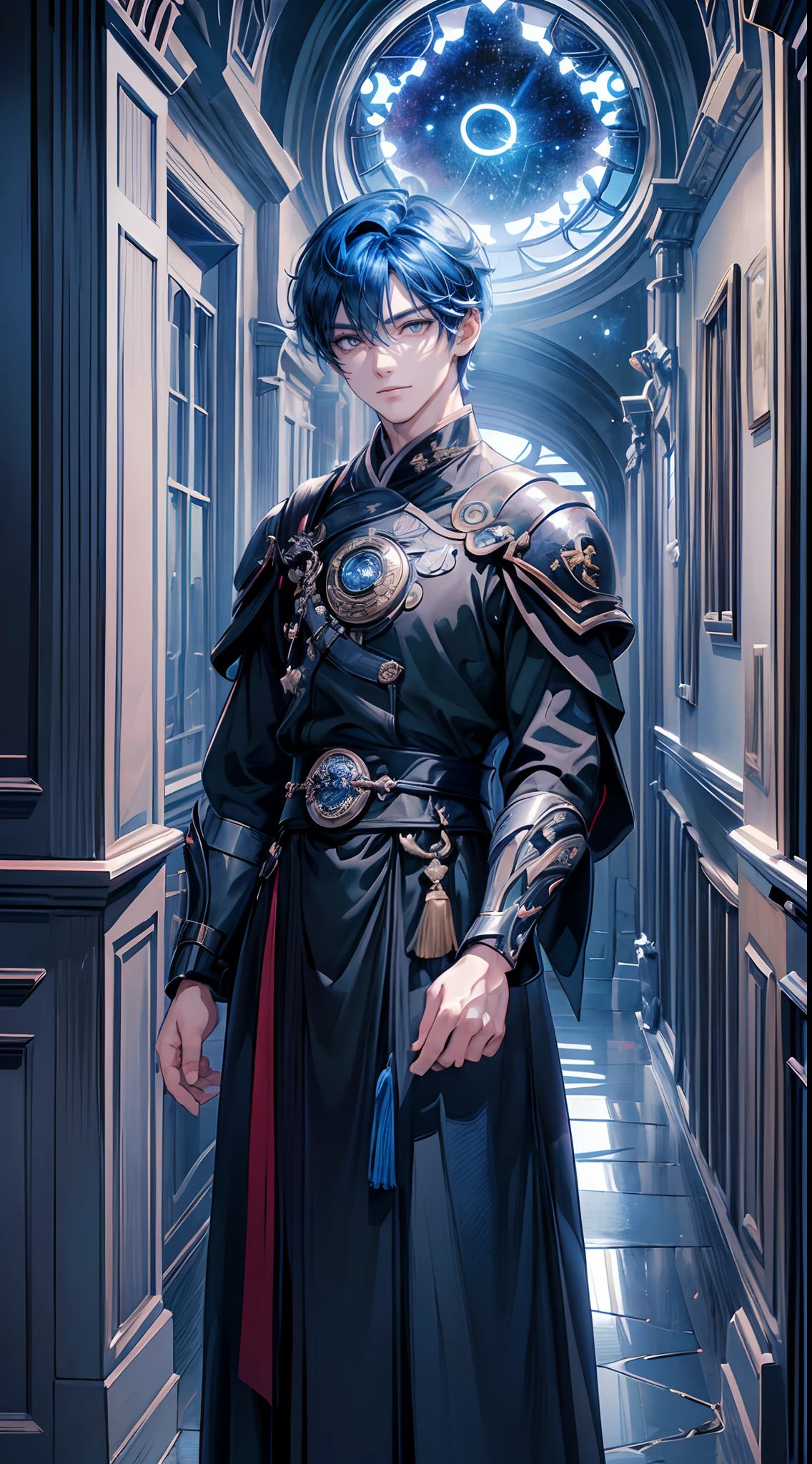 ((4K works))、masterpiece、(top-quality)、One Beautiful Fallen Angel Boy、Slim body、tall、((Attractive British style))、(Detailed beautiful eyes)、((mid night))、In the English corridor、Castle inhabited by villains、Black shop window、Corridor at night、((You can see the starry sky from the window))、((dark sky))、((English corridors))、((Shot in a corridor in England))、mid night、((Short-haired bright blue hair))、((Smaller face))、((Wild face))、((White eyes))、((American adult male))、((Adult male 26 years old))、((Cool Men))、((Like a celebrity))、((Smiling expression))、((Korean Makeup))、((elongated and sharp eyes))、((Happy dating))、((boyish))、((Upper body photography))、Professional Photos、((Shot alone))、((Shot from diagonally in front))、((Shot in close proximity to him))、((Focus zoom in))、((He is standing in the hallway))