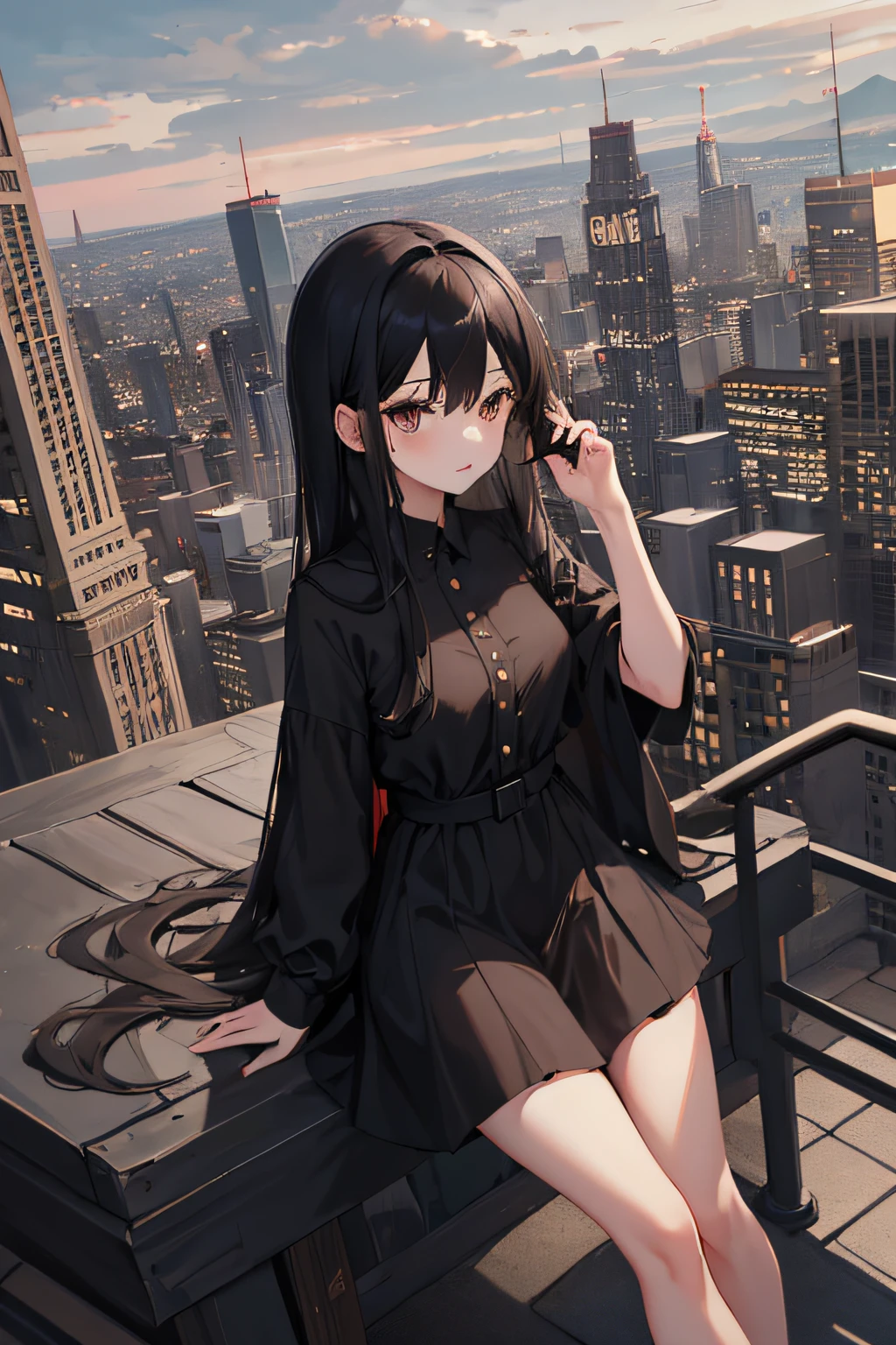 1girl, long black hair, brown eyes, wearing short black frock, dark, city, absurdres, high res, ultrasharp, 8K, masterpiece, looking at viewer