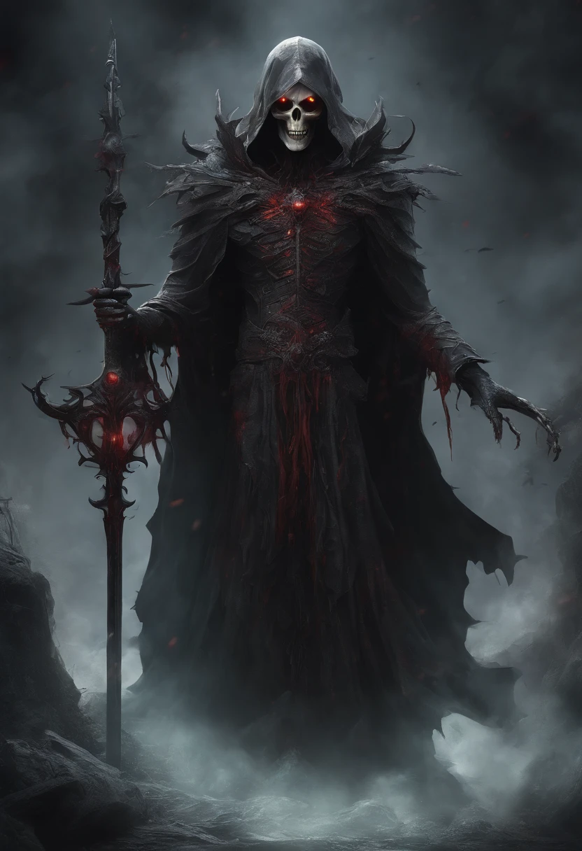 (best quality,4k,8k,highres,masterpiece:1.2),ultra-detailed,(realistic,photorealistic,photo-realistic:1.37),the lich from Adventure Time,chaotic evil,menacing presence,dark aura,unearthly atmosphere,red glowing eyes,sharp teeth,decayed and bony appearance,magic powers,tattered cloak,ominous background,ominous shadows,lurking in shadows,ominous atmosphere,dark magic,evil grin,evil laugh,spreading darkness,creating mayhem,gloomy lighting,horror,otherworldly being,burning desire for chaos,dark intentions