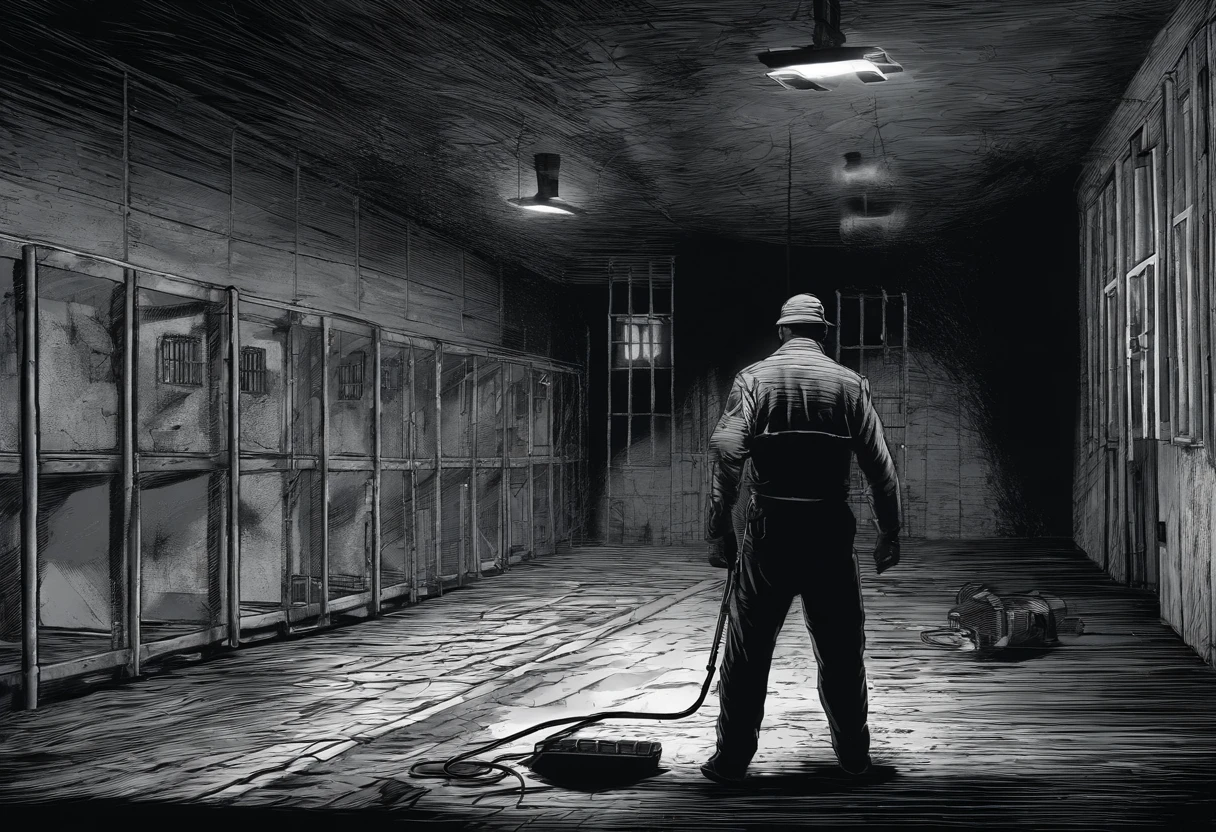 inmate fixing a lamp inside the prison with the prison guard behind him