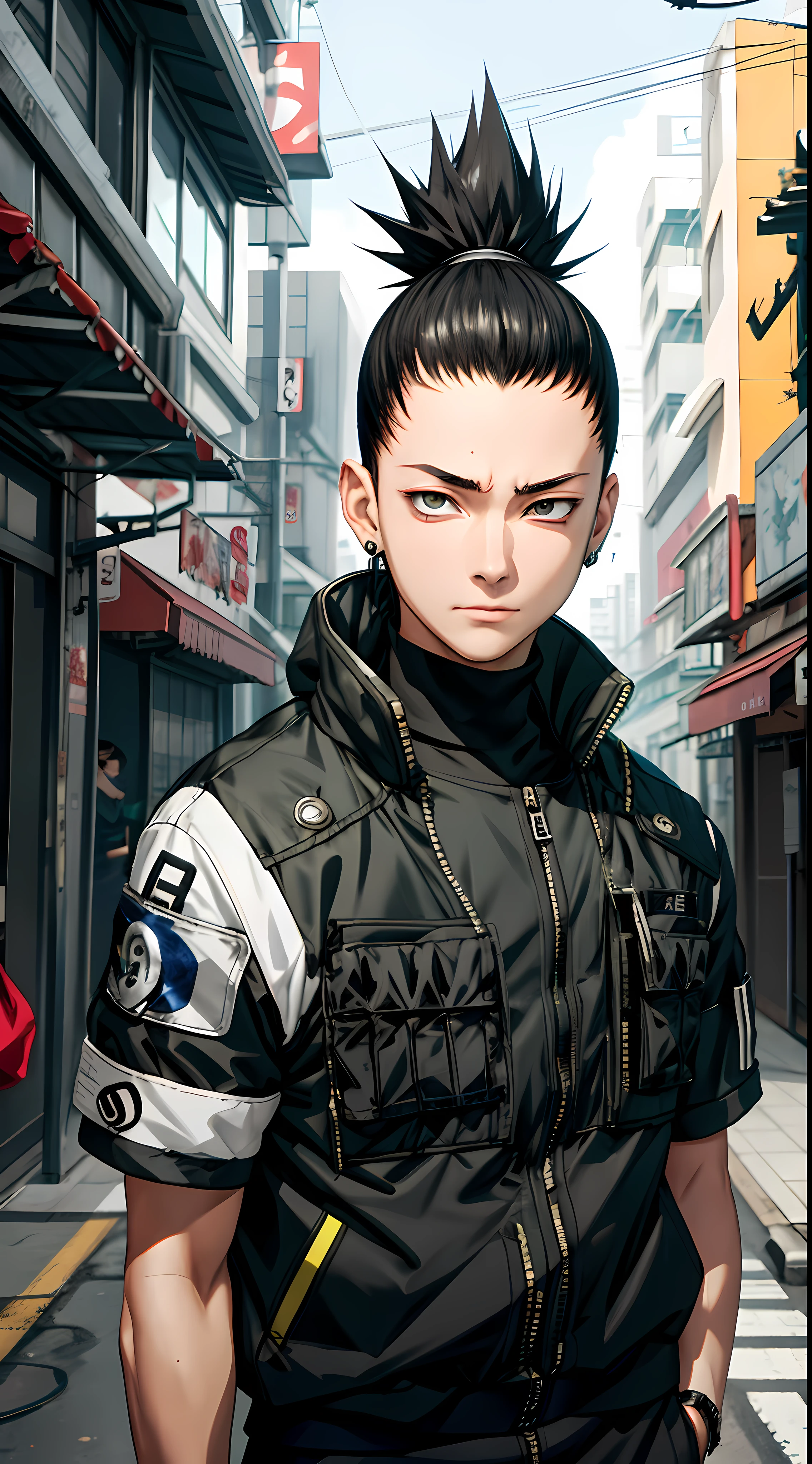 Masterpiece, 1boy, Superb Style, cyberpunk style, Streetwear clothes, Outdoor, Upper Body, Shikamaru nara, bright eyes, black hair, cool boy