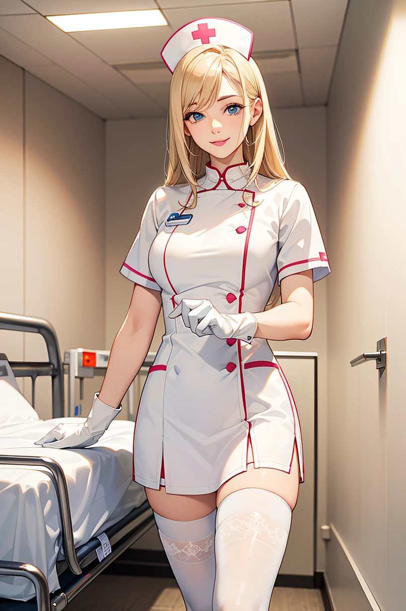 1woman, solo, nurse, nurse cap, white wear, ((white legwear, zettai ryouiki)), white gloves, blonde hair, blue eyes, pink lips, smile, standing, ((hospital room)), sharp outline, short sleeves, mature female, 35 years old, best quality, masterpiece