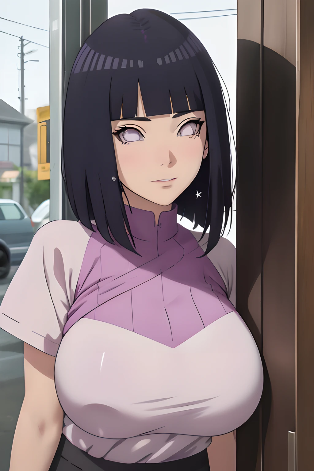 Made, absurderes, Hinata\(Boruto\), 1girll, Solo,Mature female, view the viewer,Perfectcomposition, Detailed lips, big breast, Beautiful face, body propotion, Blush, (Pink lips), Long hair, Purple eyes, Soft gaze, Sad smile, Super realistic, Detailed, photoshoot, Realistick faces and bodies，（The top is worn with an ultra-short white top，The lower body is wearing ultra-shorts with long black stockings），（perspire，Sweat a lot，Blushlush，Be red in the face，Blushlush），（Bigboobs），Outdoors，Stand at the door of the phone booth，natta，raining day