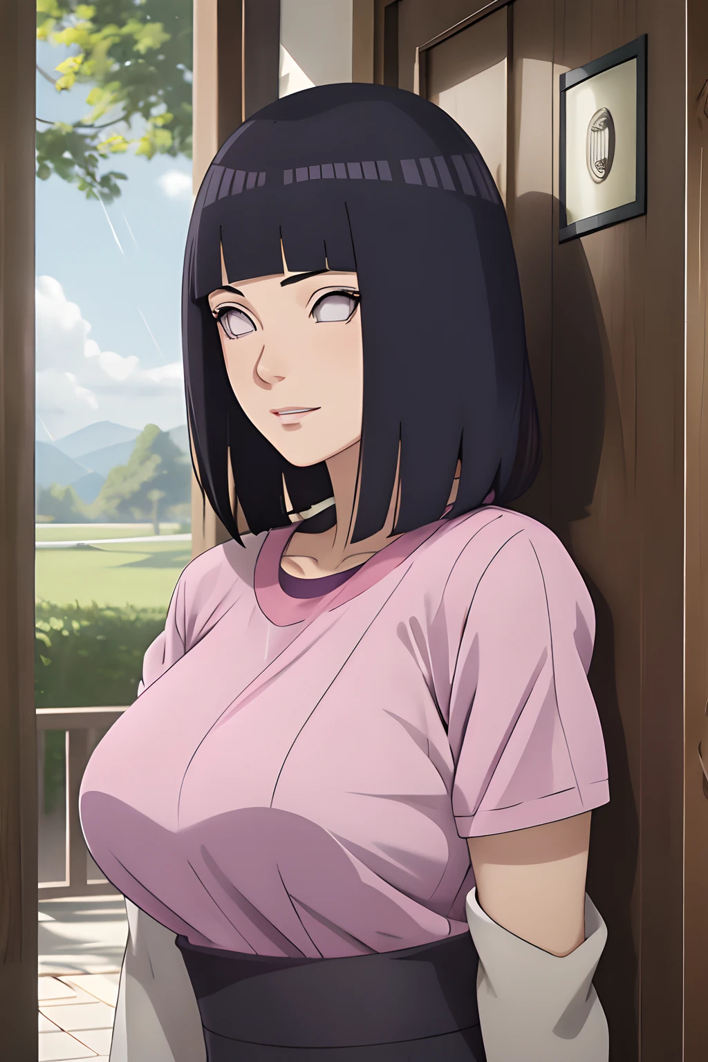 Made, absurderes, Hinata\(Boruto\), 1girll, Solo,Mature female, view the viewer,Perfectcomposition, Detailed lips, big breast, Beautiful face, body propotion, Blush, (Pink lips), Long hair, Purple eyes, Soft gaze, Sad smile, Super realistic, Detailed, photoshoot, Realistick faces and bodies,(The top is worn with an ultra-short white top,The lower body is wearing ultra-shorts with long black stockings),(perspire,Sweat a lot,Blushlush,Be red in the face,Blushlush),(Bigboobs),Outdoors,Stand at the door of the phone booth,natta,raining day