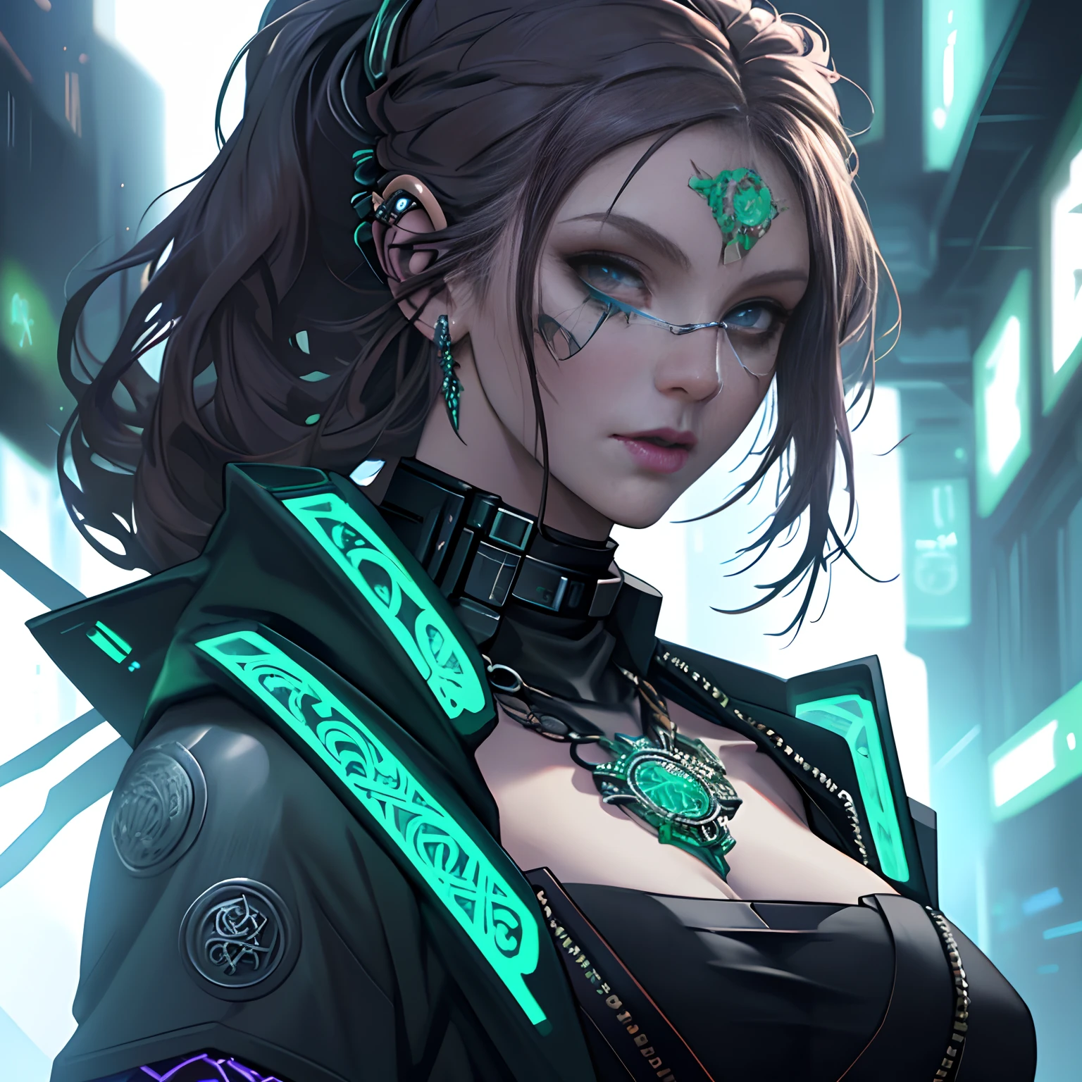 cyberpunk woman wearing ancient pagan Celtic clothes mixed with nu-goth aesthetic, warrior, portrait, detailed face