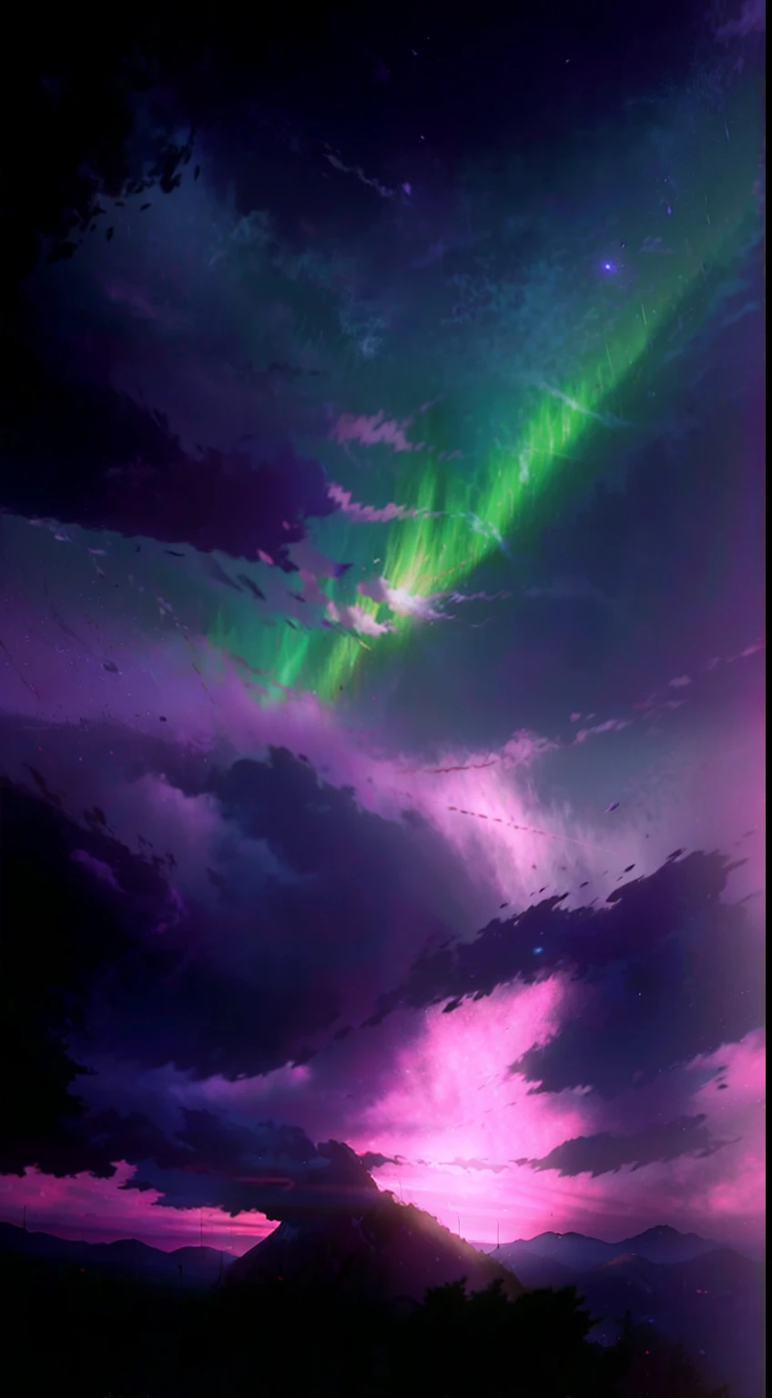 Bright picture, full of light, (((Makoto Shinkai style)), pixiv, anime painting, high quality, pink and violet sky, beautiful scene), (universe, train passing by, magical realism, ((makoto shinkai style)) ::0.8), [artistic atmosphere, atmosphere:0.8, starry sky, hills, snowy mountains, sparkling water, grass, trees, smoke, stars, low viewing angle, high light scattering