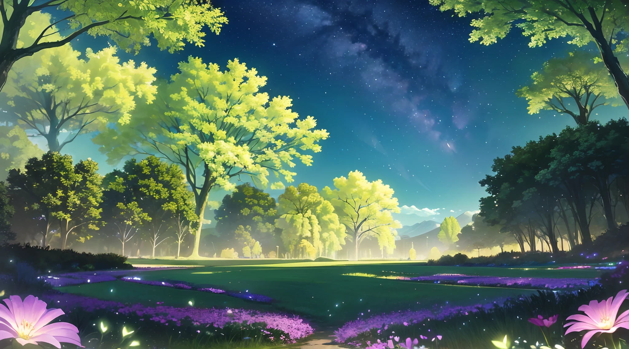 (Magic beautiful scene of green shower night sky overlay scene), (skye), (Clouds), soft-lighting, clean background, beautiful landscape, Masterpiece, hiquality, Beautiful graphics, high detail, Epic landscapes, garden, Flowers, Clouds, (night starry sky, The River Behind, Huge old trees behind, Falling glowing pink petals behind)