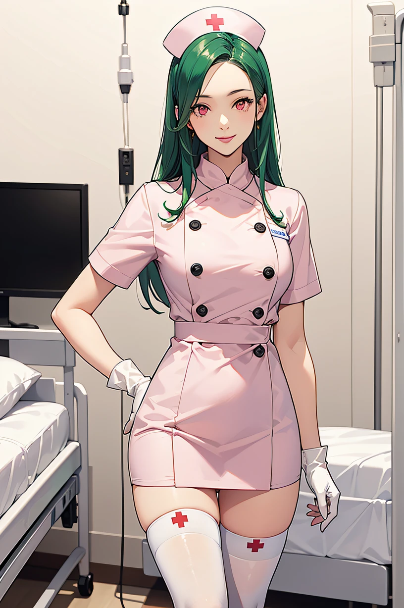 1woman, solo, nurse, nurse cap, white wear, ((white legwear, zettai ryouiki)), white gloves, forehead, long hair, green hair, pink eyes, pink lips, smile, standing, ((hospital room)), sharp outline, short sleeves, mature female, 35 years old, best quality, masterpiece