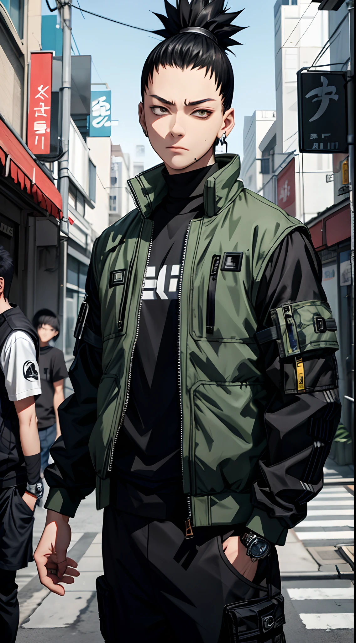 Masterpiece, 1boy, Superb Style, cyberpunk style, Urban Streetwear clothes, Outdoor, Upper Body, Shikamaru nara, bright eyes, black hair, cool boy