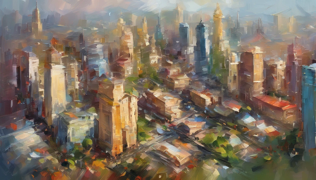 Daytime from the city, Surrounded by parks ，Buildings，Bird's eye view of the city building skyline, Traffic is moving，People on the grass，Masterpiece oil painting, Drawing by Mark Lague.