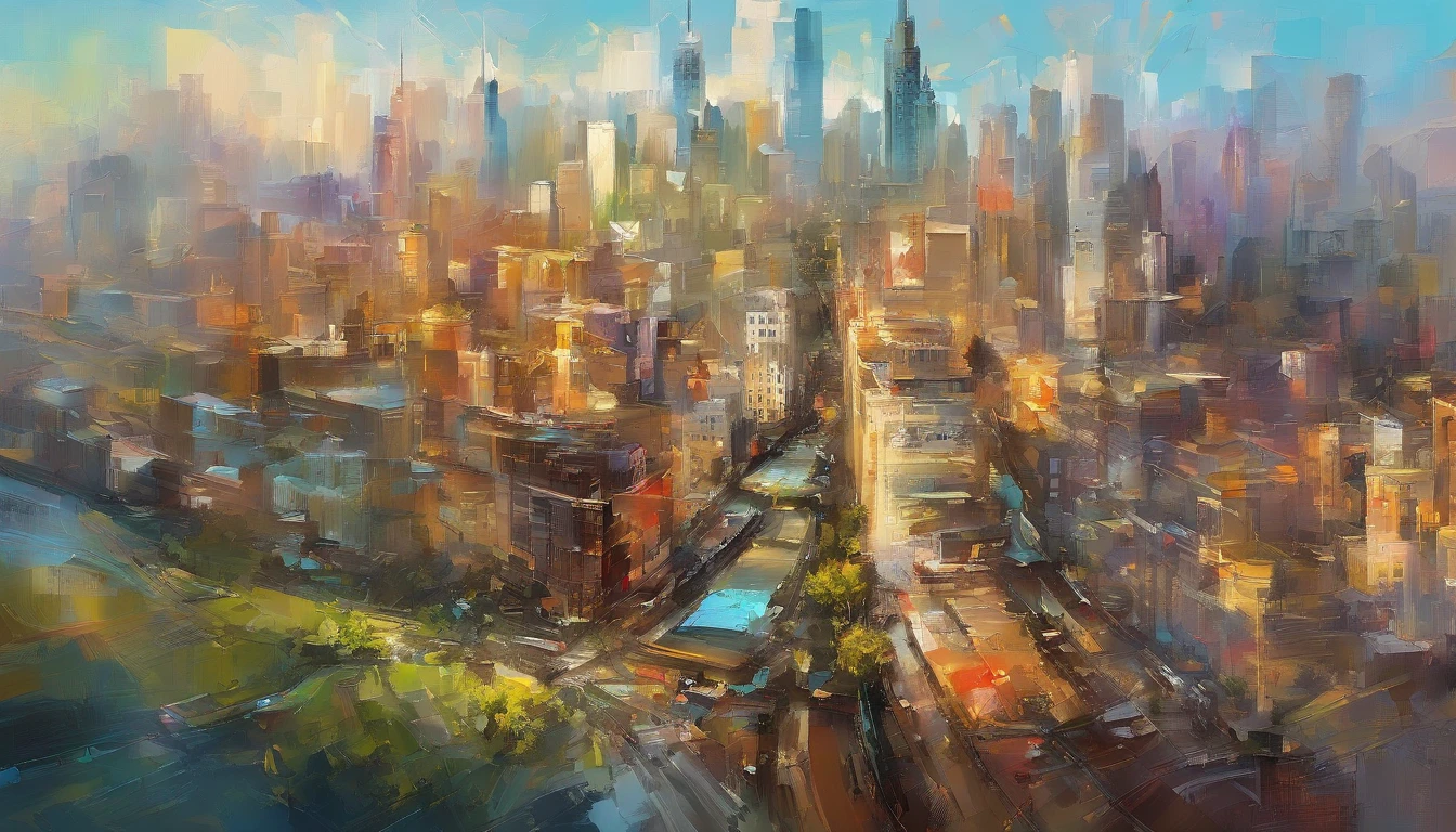Daytime from the city, Surrounded by parks ，Buildings，Bird's eye view of the city building skyline, Traffic is moving，People on the grass，Masterpiece oil painting, Drawing by Mark Lague.