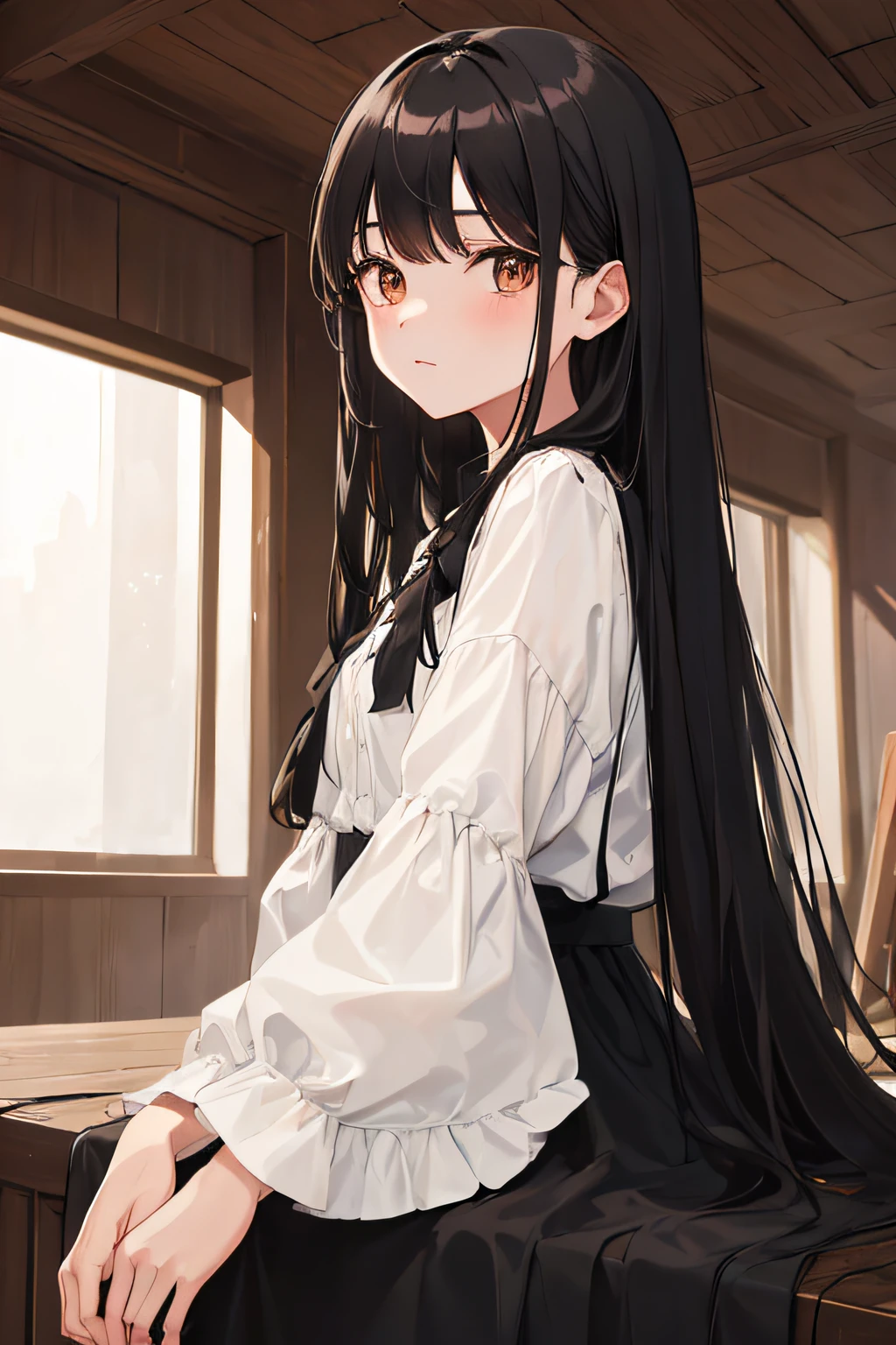1girl, long black hair, brown eyes, wearing short black frock, dark, house, absurdres, high res, ultrasharp, 8K, masterpiece, looking at viewer
