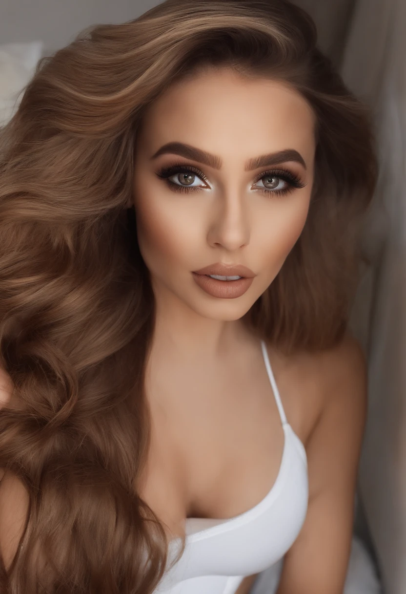 Arafed Mujer Llena , Chica sexy con ojos marrones, ultra realista, Meticulosamente detallado, Retrato Sophie Mudd, brown hair and large eyes, Selfie de una mujer joven, Eyes of Dubai, Violeta Myers, ohne Maquillaje, Maquillaje natural, staring directly into camera, Cara con Artgram, dezentes Maquillaje, Impresionante foto de cuerpo completo, arrodillado en la cama, en el dormitorio, busto mediano a grandeAriana Grande Naked