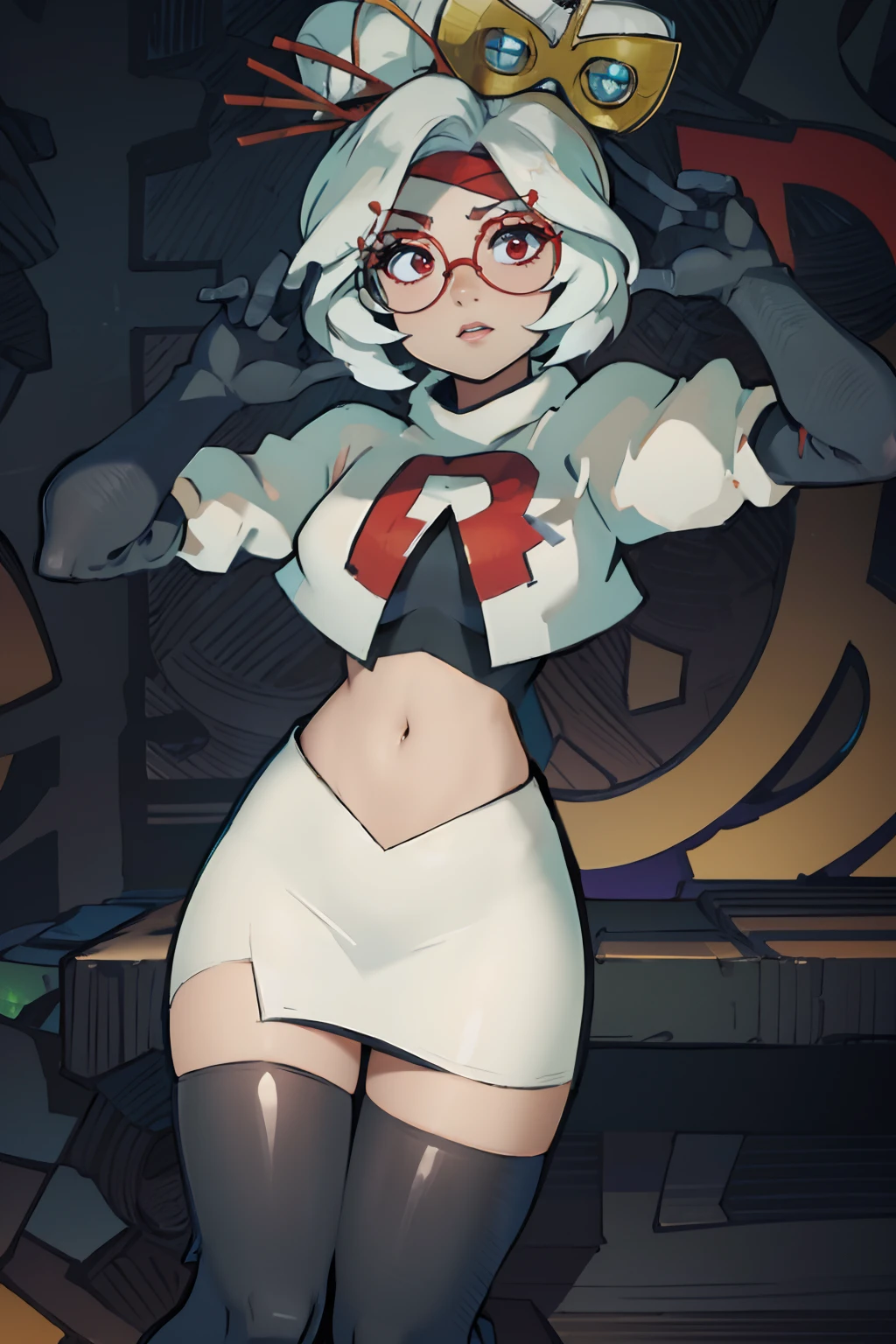 purah,team rocket,team rocket uniform, red letter R, white skirt,white crop top,black thigh-highs,black elbow gloves, sinister villianess aura red glasses, hair ornament,