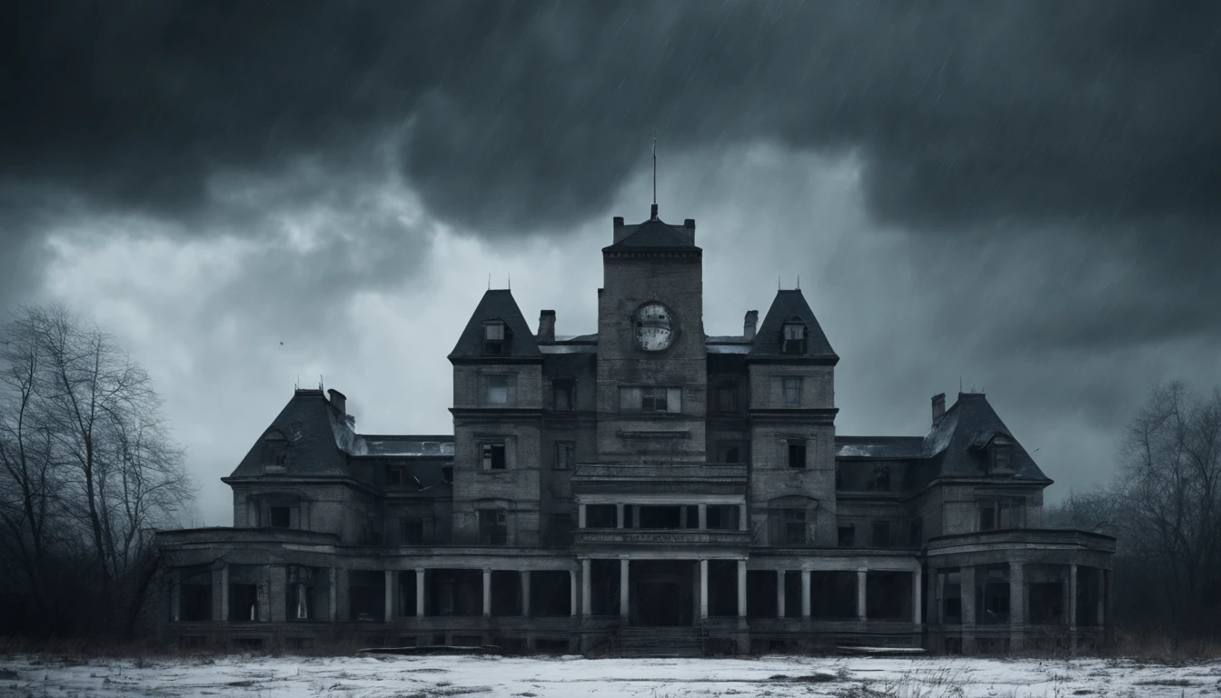Realistic 8k image of an ominous sanatorium under a storm, fotografia de filmes de terror