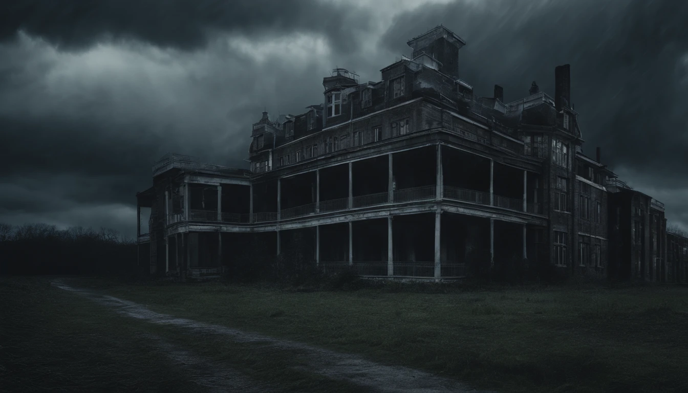 Realistic 8k image of an ominous sanatorium under a storm, fotografia de filmes de terror