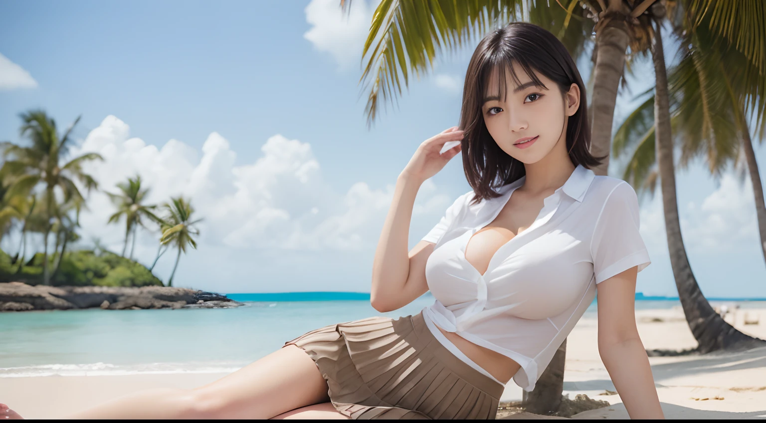 (masterpiece,top quality,超High resolution),Japanese girl, (((Very beautiful 18 year old girl))), Cute girl、Photographer view、Front, ( (Bob Hair)), super cute face, Glossy lips, Double eyelids, Bright smile, Natural makeup, long eyelashes, Long sleek light brown bob, center image, Hands and feet perfect, Perfect anatomy,(((shirt, pleated skirt, big breasts, big bra)))、((On the beach and rows of shady coconut trees)))