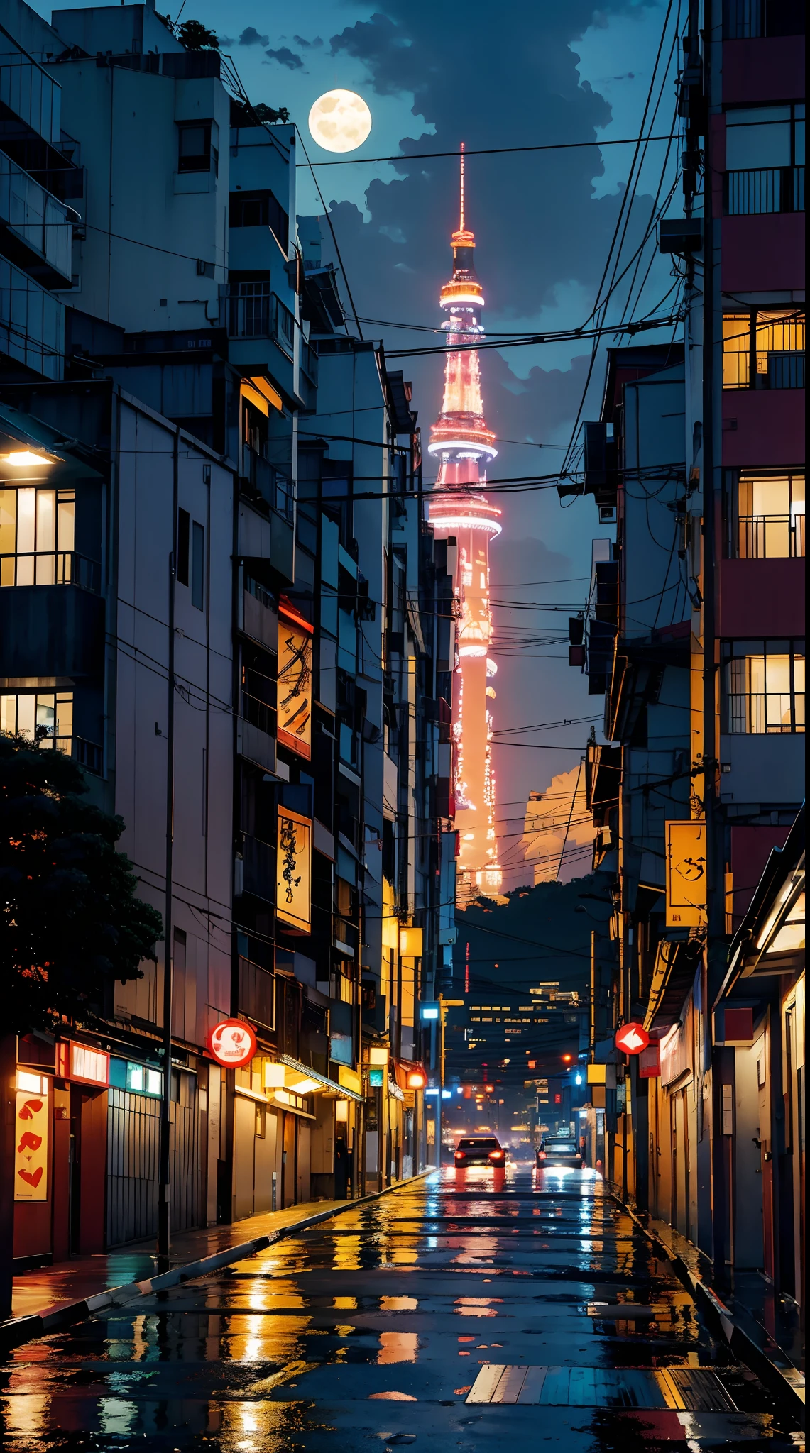 chuva, cidade, noite, tokyolagii, luz da lua.