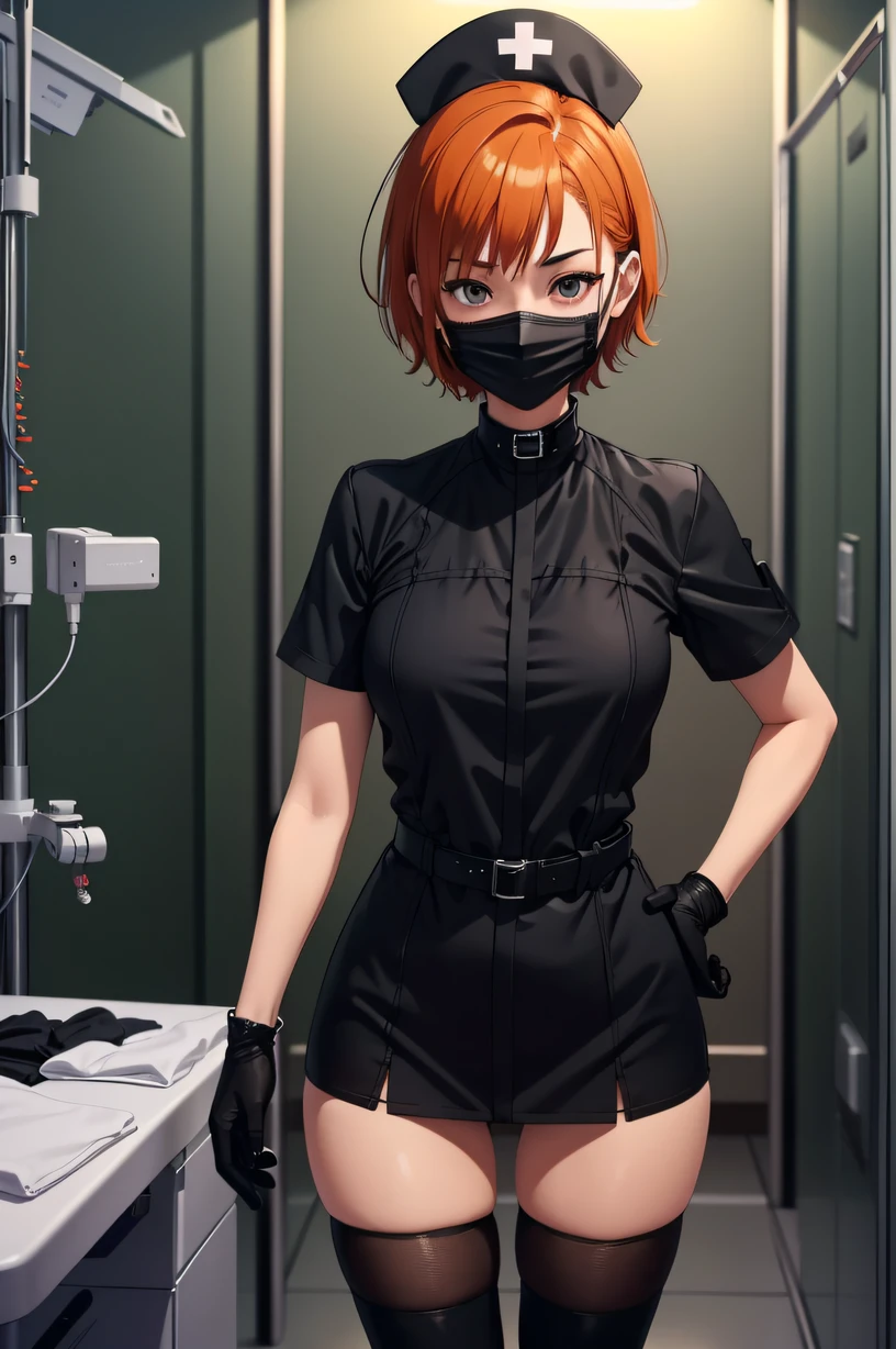 black nurse, 1girl, solo, black nurse cap, black wear, ((black legwear, zettai ryouiki)), black elbow gloves, very short hair, orange hair, ((black surgical mask, covered nose)), standing, ((surgery room)), sharp outline, short sleeves, tomboy, boyish, best quality, masterpiece