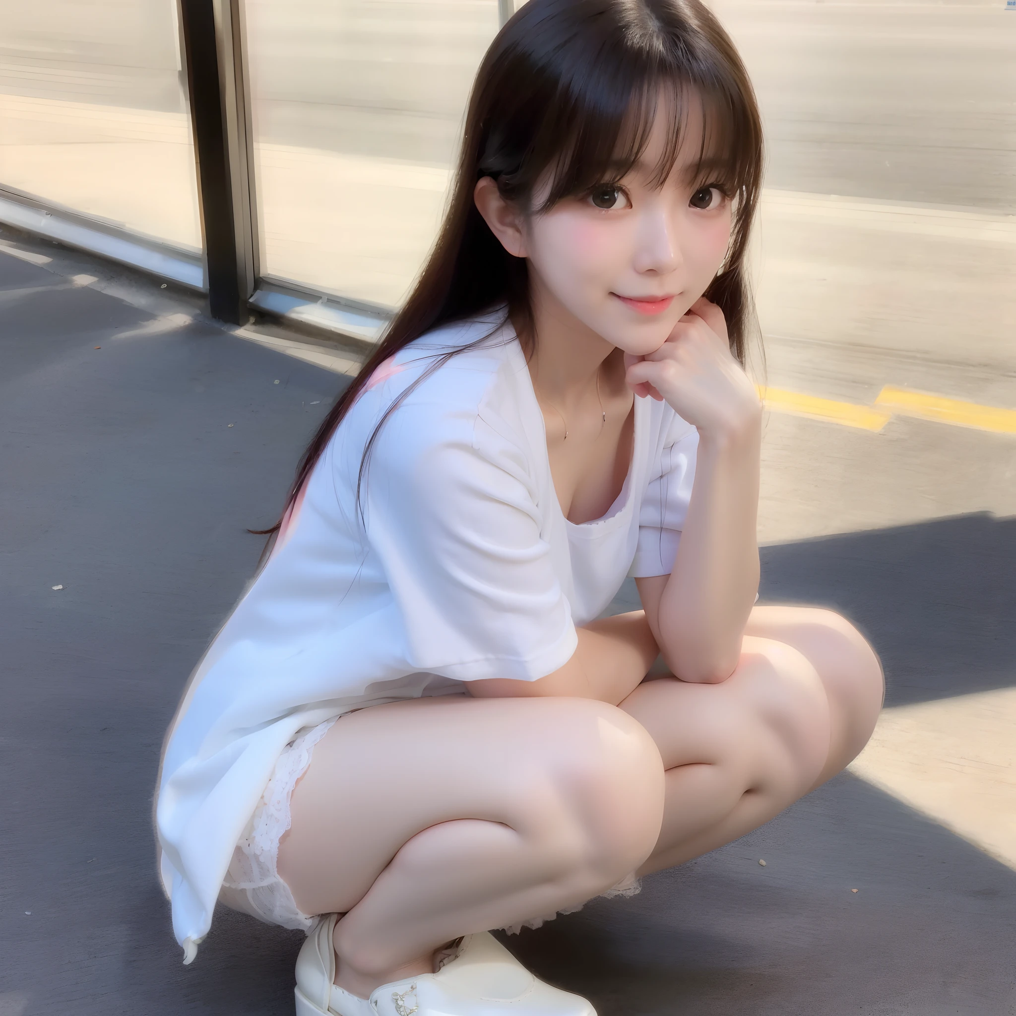 Asian woman in alafe sitting on the ground with legs crossed, pretty face with arms and legs, Korean Girl, chiho, young and cute girl, the anime girl is crouching, Round thighs, Casual pose, Young Pretty Gravure Idol, 19-year-old girl, Sitting on the ground, Engaging pose, Young Gravure Idol, a cute young girl、white color panties、pantie shot,A slight smil、high-heels、