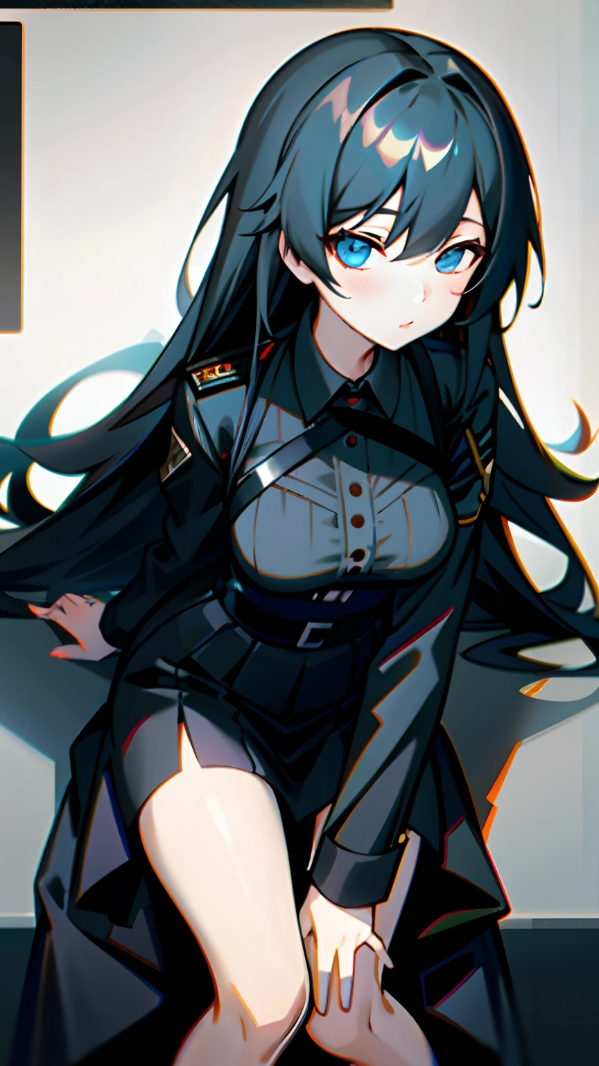 Anime girl in black dress with blue eyes and black hair, Fine details. girls' frontline, Seductive Anime Girl, from girls frontline, girls frontline style, (SFW) safe for work, girls frontline cg, anime moe art style, anime maid ss military, Top Rated on pixiv, girls' frontline, Ecchi anime style, noire moody scene、teens girl、1little girl、girl with