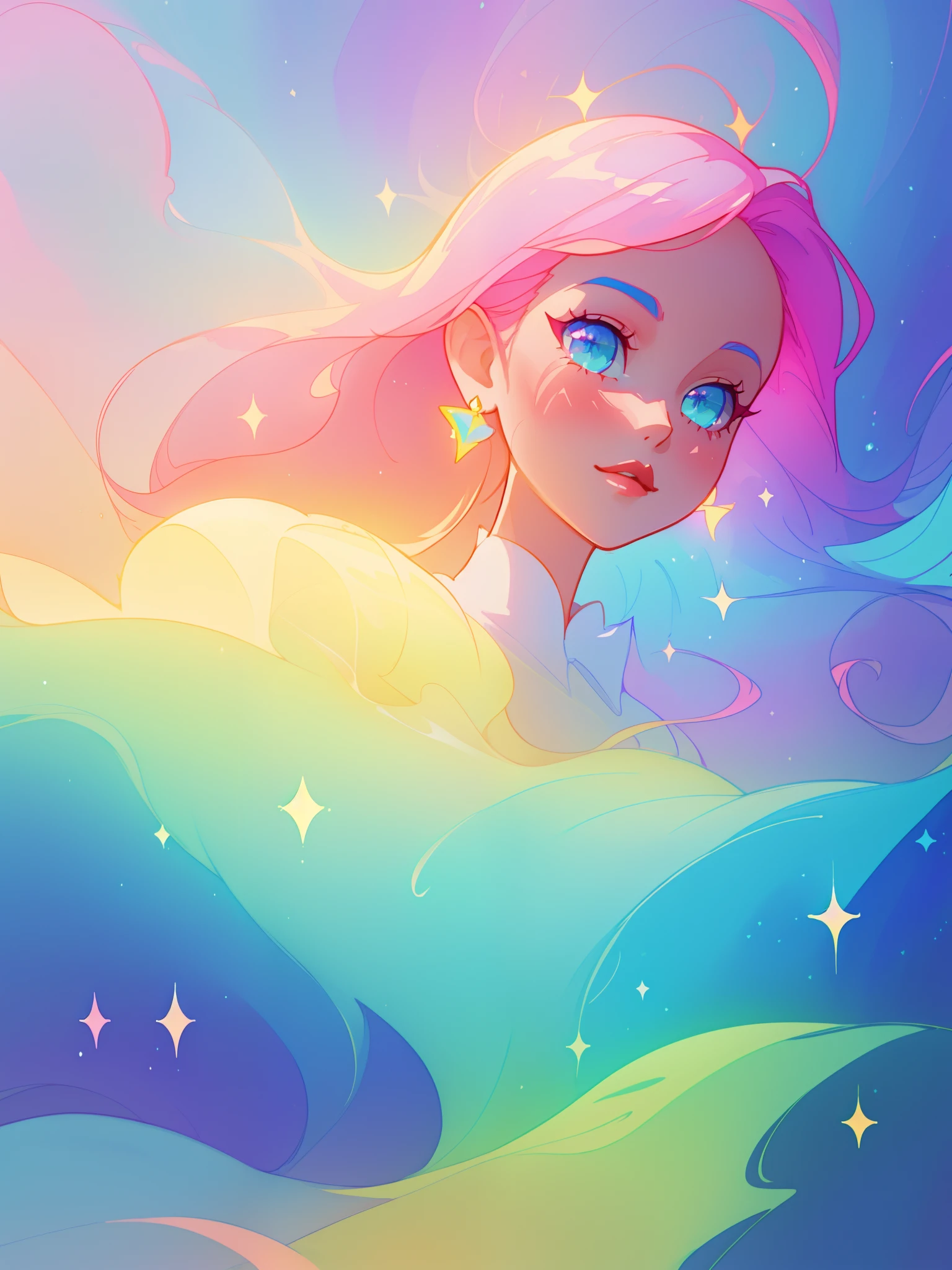 beautiful girl, flowing liquid dress, colorful flowing long hair, vibrant pastel colors, (colorful), magical lights, sparkling magical liquid, inspired by Glen Keane, inspired by Lois van Baarle, disney art style, by Lois van Baarle, glowing aura around her, by Glen Keane, jen bartel, glowing lights! digital painting, flowing glowing hair, glowing flowing hair, beautiful digital illustration, fantasia background, whimsical, magical, fantasy, ((beautiful face)), ((masterpiece, best quality)), intricate details, highly detailed, sharp focus, 8k resolution, sparkling detailed eyes, liquid watercolor
