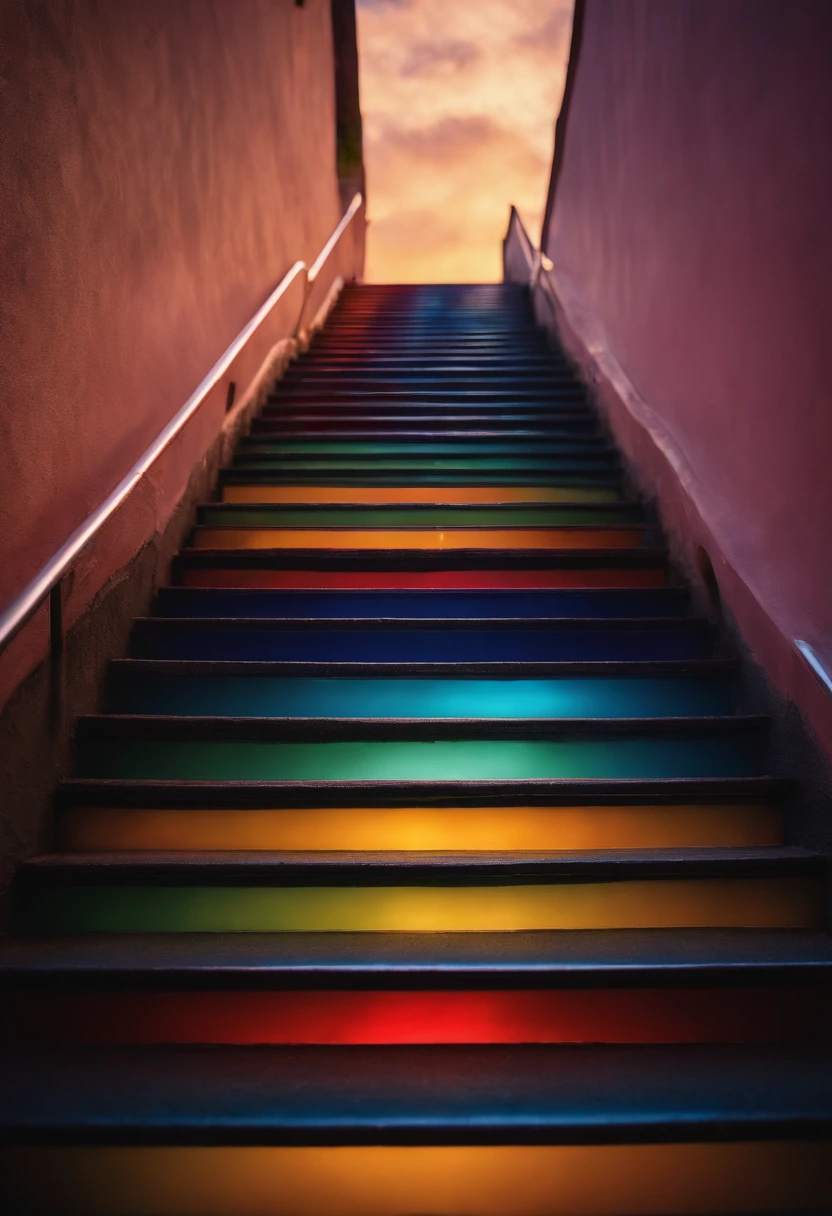 Close-up of the stairs leading to the rainbow sky, stairway to heaven, A very colorful heaven, stairs from hell to heaven, Leading to the Sky, Rainbow clouds, Colors of Heaven, Rainbow Trail, Colorful sky, Rainbow clouds, Heaven!!!!!!!!, rainbow, Rainbow colors, Psychedelic sky, In beautiful colors, Irridescent color, colorful dream, colorful skies