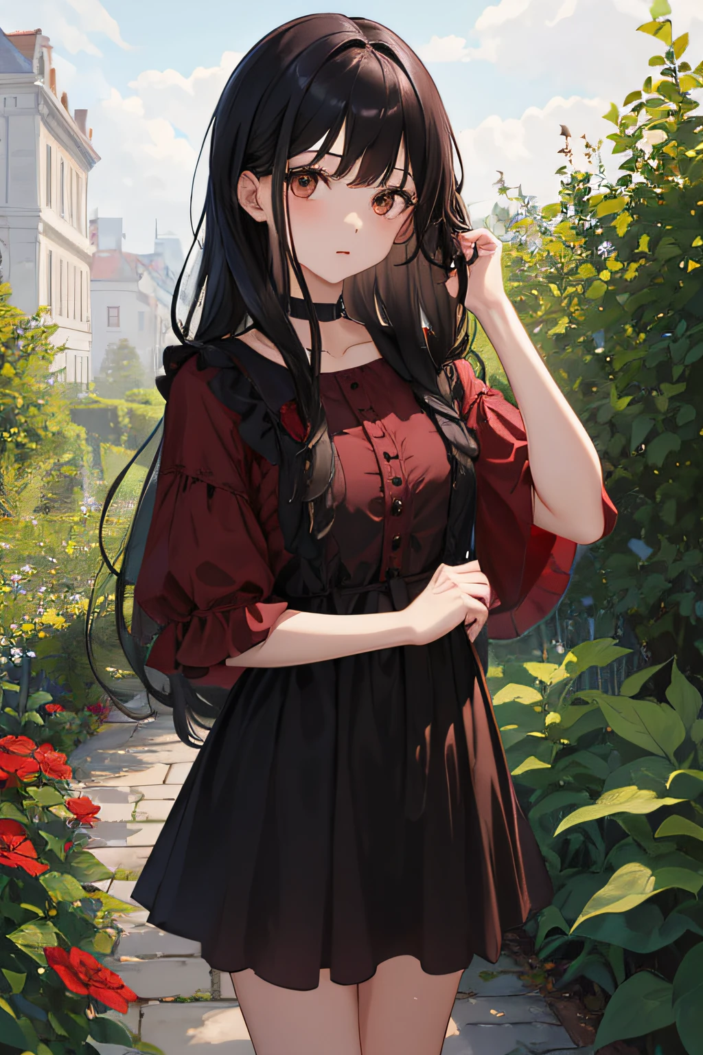1girl, long black hair, brown eyes, wearing short red frock, dark, garden, absurdres, high res, ultrasharp, 8K, masterpiece, looking at viewer