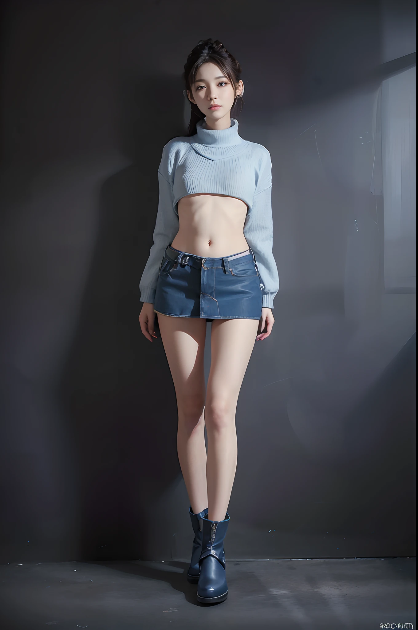 Slender Asian girl, Kpop Idol, ((of the highest quality, 8K, masutepiece: 1.3)), Crisp focus: 1.2, Beautiful woman with perfect figure: 1.4, Highly detailed face, Detailed eyes, Beautiful face, Symmetrical face, full-length,