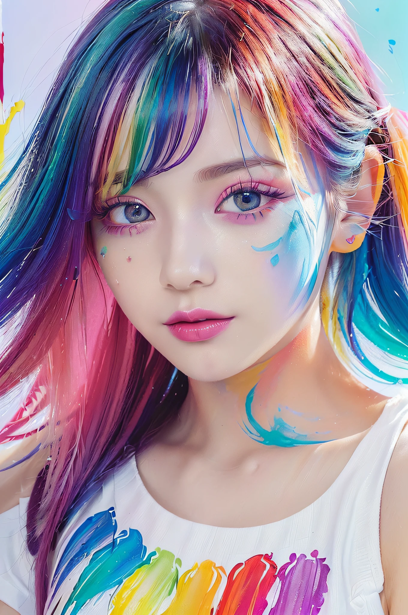 (Pink Fashion T-shirt:1.9),(Colorful hair: 1.8), (all the colours of the rainbow: 1.8),(((((vertical painting:1.6))), (painting:1.6),front, comics, illustrations, paintings, large eyes, crystal clear eyes,( rainbow color gradient high ponytail:1.7), exquisite makeup, closed mouth,(Small Fresh: 1.5),(Wipe Chest: 1.6) ,long eyelashes, white off shoulder T-shirt, White Shoulder Shirt,looking at the audience, large watery eyes, (rainbow colored hair:1.6), color splash, (solo:1.8), color splash, color explosion, thick paint style, messy lines, ((shining)),(colorful), (colorful), (colorful), colorful, Thick Paint Style, (Splash) (Color Splash), Vertical Painting, Upper Body, Paint Splash, Acrylic Pigment, Gradient, Paint, Highest Image Quality, Highest Quality, Masterpiece, Solo, Depth of Field, Face Paint, colorful clothes, (Elegant: 1.2), gorgeous,long hair, wind, (Elegant: 1.3), (Petals: 1.4),(((masterpiece))),(((best quality))),((ultra-detailed)),(illustration),(dynamic angle),((floating)),(paint),((disheveled hair)),(solo),(1girl) , (((detailed anima face))),((beautiful detailed face)),collar,bare shoulders,white hair, ((colorful hair)),((streaked hair)),beautiful detailed eyes,(Gradient color eyes),(((colorful eyes))),(((colorful background))),(((high saturation))),(((surrounded by colorful splashes))),