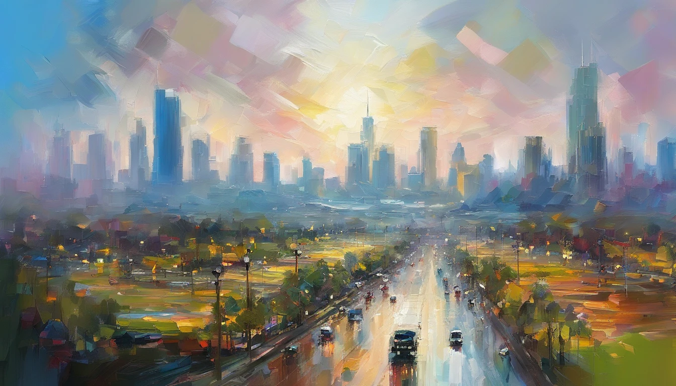 Daytime from the city, Surrounded by parks ,Bird's eye view of the city skyline in the distance, Traffic is moving,People walking on grass,Masterpiece oil painting, Drawing by Mark Lague.