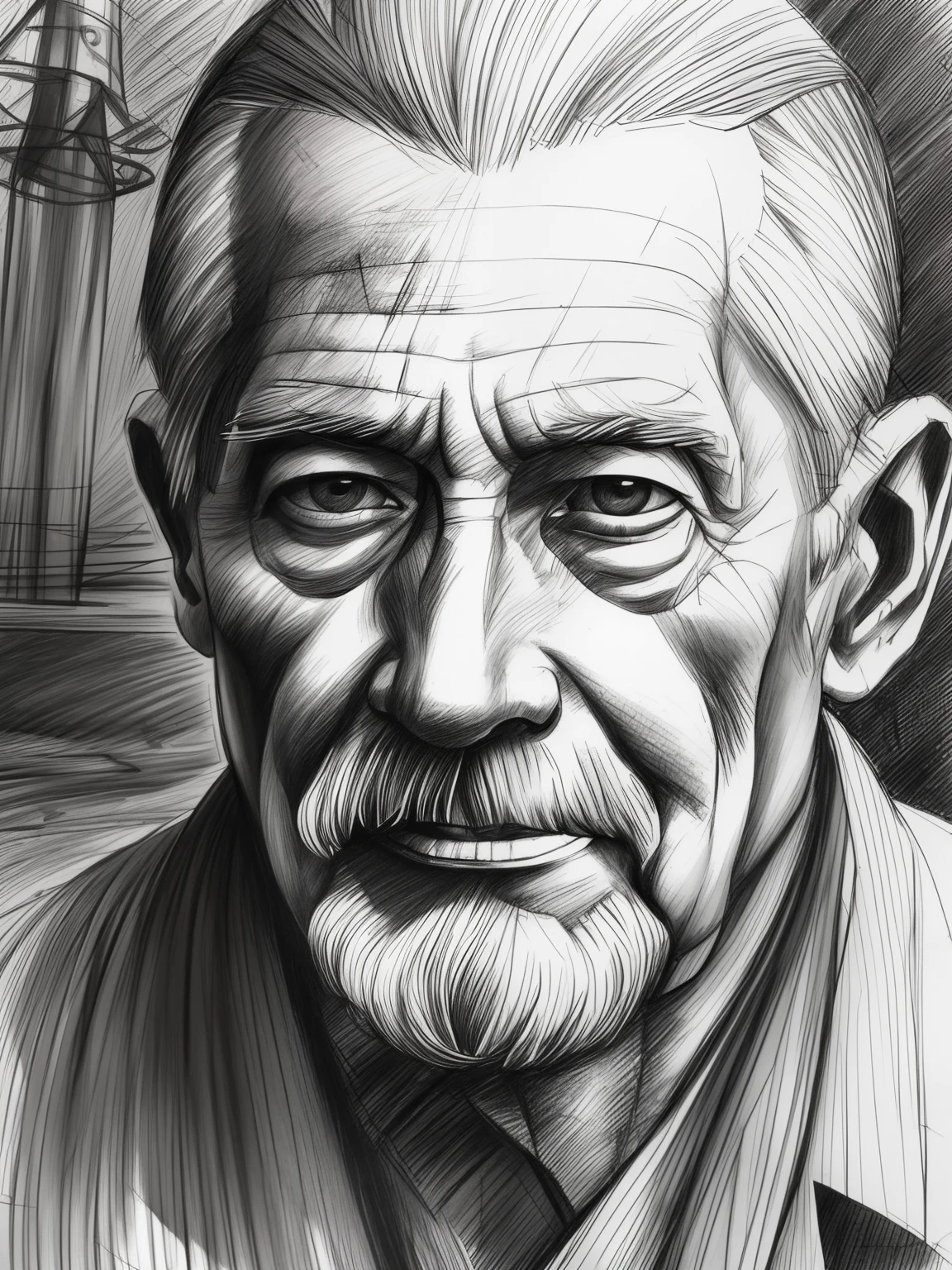 painting of a man, realistic sketch, hyperrealistic sketch, detailed pencil sketch, Pencil sketch, realistic digital drawing, detailed sketch drawing, highly detailed portrait, detailed 4 k drawing, pencil drawing, highly detailed sketch, Realistic drawing, extremely detailed portrait, detailed but rough, pencil drawing illustration, realism drawing, detailed sketch, sketch art,((High quality, Masterpiece:1.4)), 1 old man, ((Upper body)), Portrait sketch, Messy drawings, Messy charcoal spots, Unfinished sketch, 100 years old man，Sketchbook charcoal style painting for men, Sketchbook drawing, sketchbook, Beautiful hair, Skin folds，wrinkles，wrinkles，wrinkles，White thinning hair，Old immortal monsters，Spooky smile，terroral。round frame glasses ((Paper material background)), Realistic charcoal line, Imperfect drawing, Charcoal shavings, Charcoal production line, imperfections, Celtic men, , Realistic