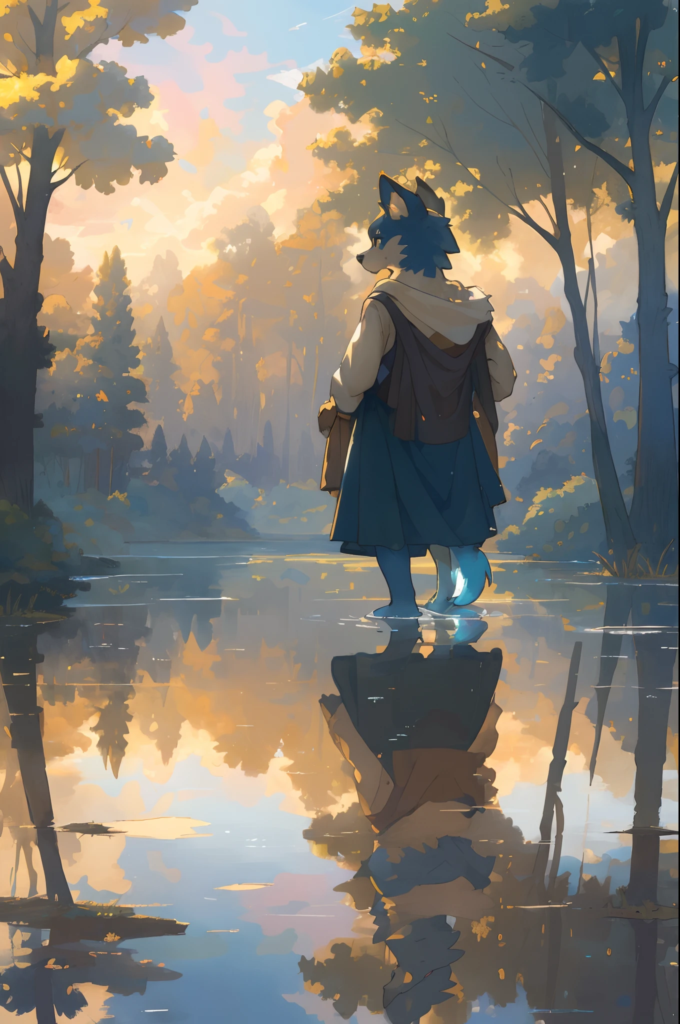 High-quality illustrations by John William Waterhouse, by Johannes Vermeer, cover_page, highres, absurdres, detailed background, lake, dawn, detailed forest, clouds, Mysterious and romantic atmosphere, caustics surface(refraction, polarization:1.2)perfect anatomy(cute 1girl, single:1.4, kemono, solo focus, boy)volumetric lighting, Wet clothes, Water droplets, (furry anthro:1.7)(Furry body, dog facial features, dog body features)(very detailed body fur)full body, soft and delicate color palette, dramatic composition,