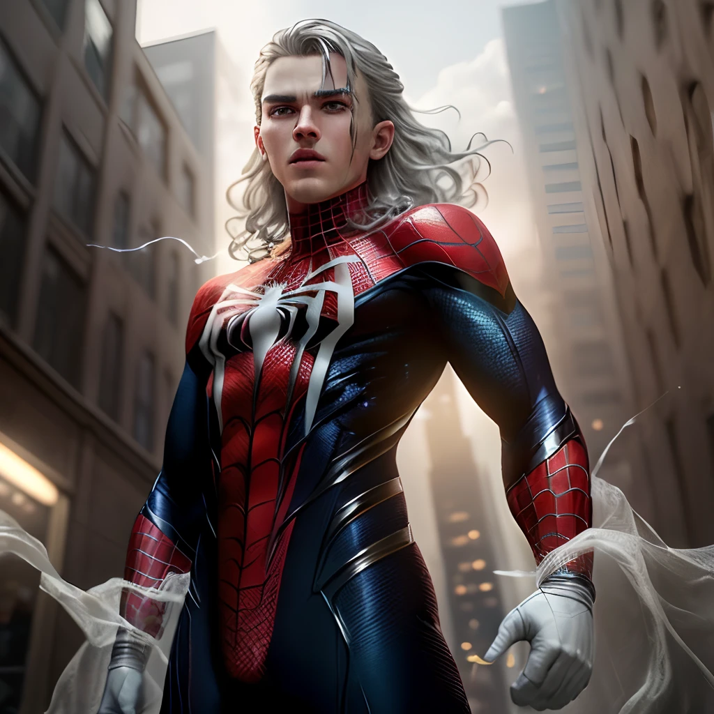(Extreme Detail CG Unity 8K Wallpapers,tmasterpiece,Highest image quality),(Delicate light and shadow,The picture is highly dramatic,Cinematic lens effect),A girl in a white Spider-Man costume,Silver-gray hair color,From the Spider-Man parallel universe,Wenger,Marvel,Spidey,are standing,dynamicposes),(Exceptional detail,The lighting effect is outstanding,Vista wide angle),(Excellent rendering,Enough to stand out from the crowd),The focus is on the white Spider-Man costume,Complex spider textures