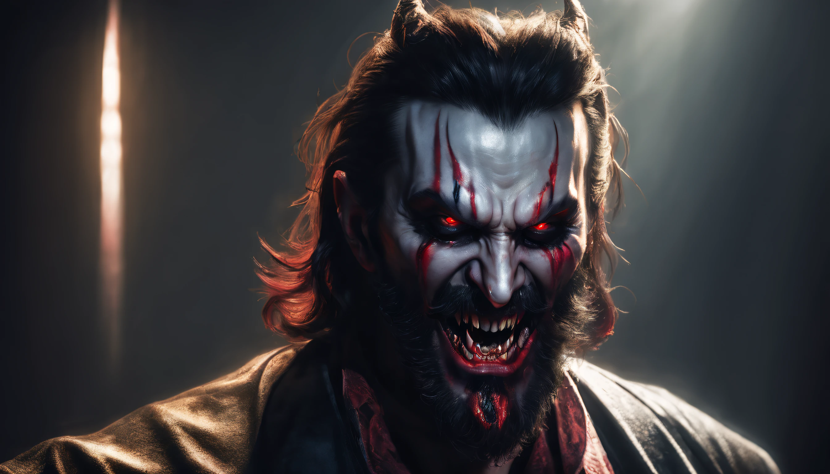 (arafed image of a man with a beard and a demon vampire face), morbius, with fangs, (vampire), half man half vampire, Realism, Expressionism, god rays, ray tracing, super detail, textured skin, high quality