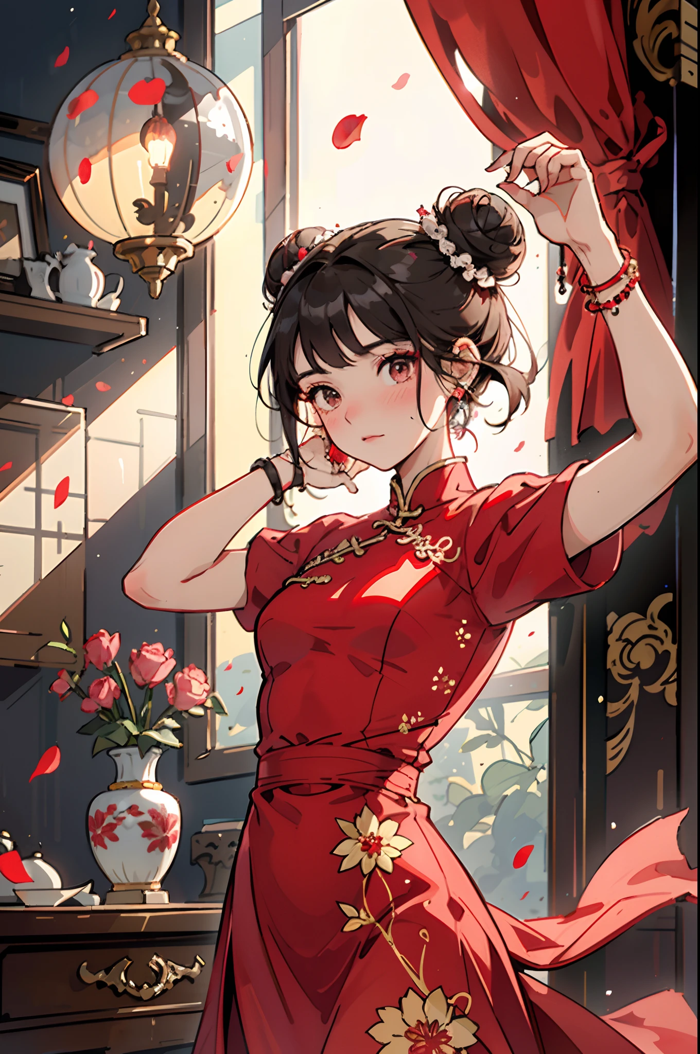 1 girl, jewelry, chinese clothing, solo, porcelain dress, dress, hands on hips, earrings, hair bun, red dress, short sleeves, blush, double bun, bracelet, shut up, brown hair, arms up, flower, short hair, medium breasts, petals flying, dramatic lighting