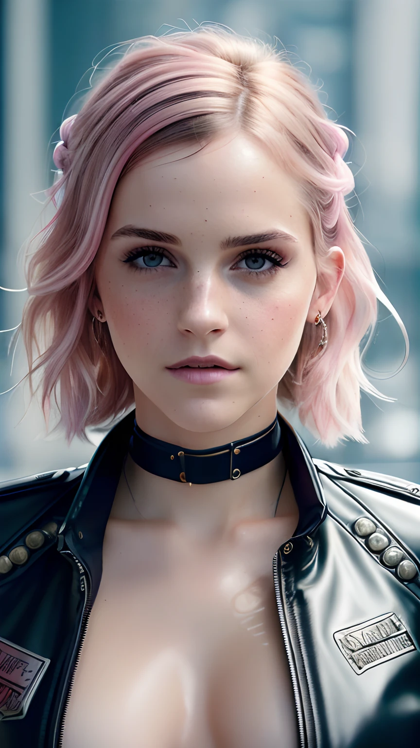 Emma Watson (RAW, analog, Nikon Z 14mm ultra-wide-angle lens, award-winning glamour photography, ((best quality)), ((masterpiece)), ((realistic)), skin pores, subsurface scattering, radiant light rays, high-resolution, detailed facial features, high detail, sharp focus, smooth, aesthetic, extremely detailed, (extremely detailed eyes, extremely detailed iris), extremely detailed hair,  extremely detailed leather, extremely detailed clothing, octane rendering, photorealistic, realistic, post-processing, maximum detail, realistic shadows, roughness, natural skin texture, real life, ultra-realistic, photorealism, photography, 8k UHD, photography, hdr, intricate, elegant, high detail, sharp focus, stunning, beautiful, gorgeous), realistic, masterpiece, highest quality, 1 girl, short hair, pigtails, naked torso, (pink hair), (frame of light), huge breasts, ((cyberpunk clothing, futuristic, transparent PVC jacket, cyberpunk setting, cinematic, in store: 1.1)), ((look at the viewer)), Complex, High detail, drama, realism, beautiful and detailed lighting, shadows, (high skin detail: 1.2), 8k UHD, DSLR, soft lighting, high quality, film grain, Fujifilm XT3, upper body, backpack, smirk, earring, 8k,  hr, hdr, photorealistic, sharp focus, Jean Paul Gaultier and Jules Bastien-Lepage, Stella McCartney and Mark Keatley