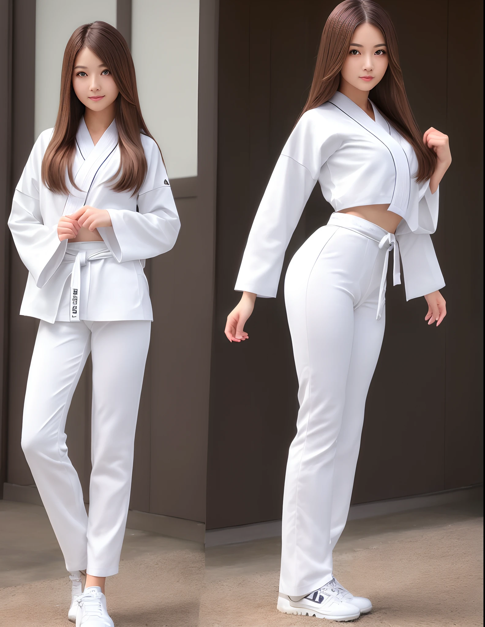 (Photorealsitic)(), Perfectly beautiful woman, (Full body 8K portrait), Stand alone, Stick out your fist, Large and dynamic hand and foot movements, Correct skeleton, White Karate Uniform, White karate pants, Large bust, Perfect facial detail, (Smile: 1.15), attractive beautiful face, gazing at viewer, a small face, 二重まぶた, Beautiful detailed eyes, long eyeslashes, ligh brown hair, Hairstyle is bob style, Toned waist, Colossal tits, Beautiful thin legs, toned ankles, bare-legged ,TOKYOcty