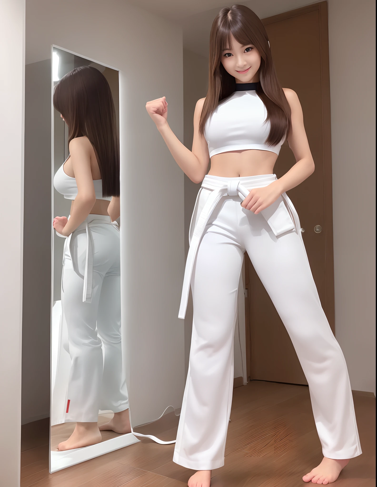 (Photorealsitic)(sixteen years old), Perfectly beautiful woman, (Full body 8K portrait), Stand alone, Stick out your fist, Large and dynamic hand and foot movements, Correct skeleton, White Karate Uniform, White karate pants, Large bust, Perfect facial detail, (Smile: 1.15), attractive beautiful face, gazing at viewer, a small face, 二重まぶた, Beautiful detailed eyes, long eyeslashes, ligh brown hair, Hairstyle is bob style, Toned waist, Colossal tits, Beautiful thin legs, toned ankles, bare-legged ,TOKYOcty