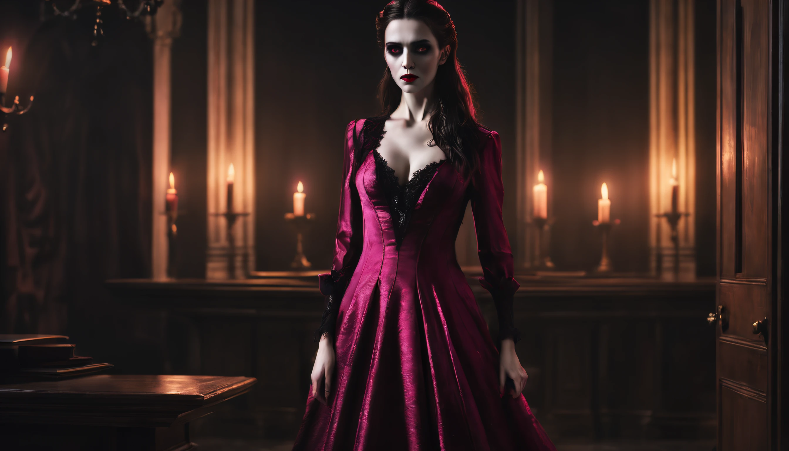 full body shot of extremely beautiful and daunting (vampire), goddess of death, demon vampire face), blood thirsty red eyes, she wears dark pink dress, velvet dress, vampire courtroom background, (full body: 1.2), dim candles light,  Realism, Expressionism, god rays, ray tracing, super detail, textured skin, , ultra wide shot, photorealistic, 3D rendering, UHD, 16k, masterpiece, best quality