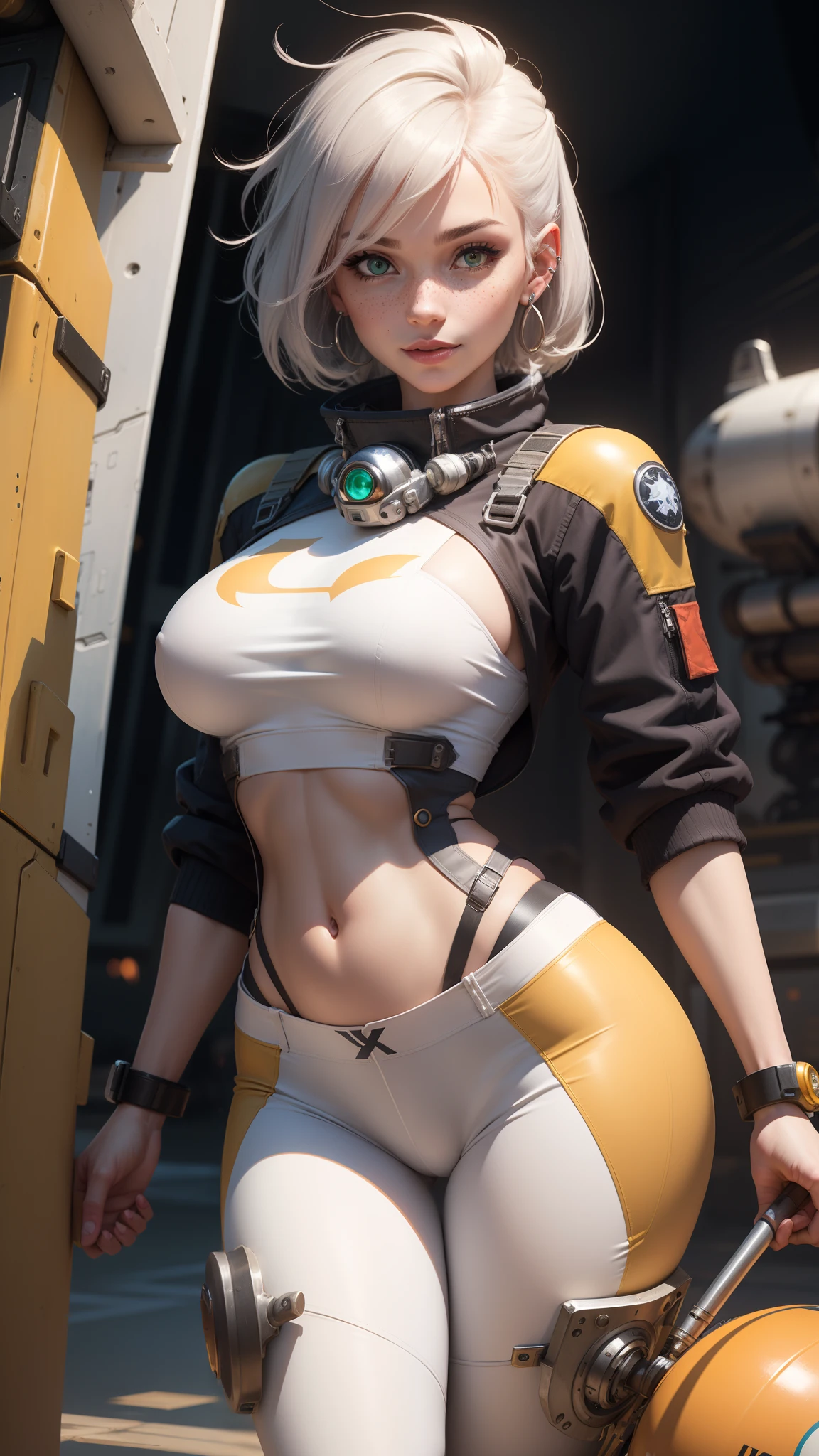 gwen tennyson,jinx,yoko littner,y'shtola rhul,tracer,atelier ryza,overwatch,close up,mecha pilot,space port,tattoos,orange and silver plugsuit,white short sleeve lycra top,steel cargo pants,uncovered belly,short hair,cute makeup,green eyes,dimensional golden hair,shy smile,freckles,beautiful girl,large breasts,8k,ultra detailed,realistic,fantasy art,saiyan armor,cyborg armor,steel armor,space ship,pilot uniform,ear piercings,hair pin,super saiyan girl,saiyan female,short sleeve pilot jacket,
