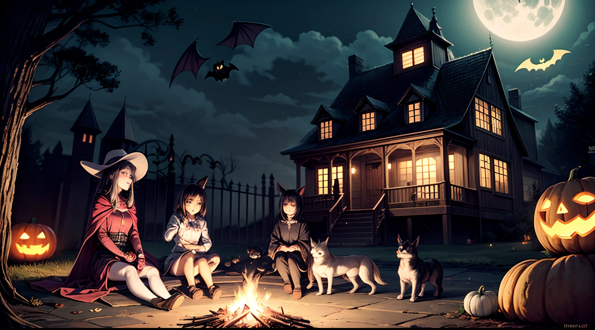 a bronco horse and three dogs are sitting around a campfire. A spooky Halloween jack-o'-lantern is placed in front of each animal. The background is a scary haunted house. Some bats fly out of the haunted house. The round moon emits white light and appears in the upper left corner of the screen. A witch is riding a broom flying under the moon. The vibe is macabre and spooky. 4k