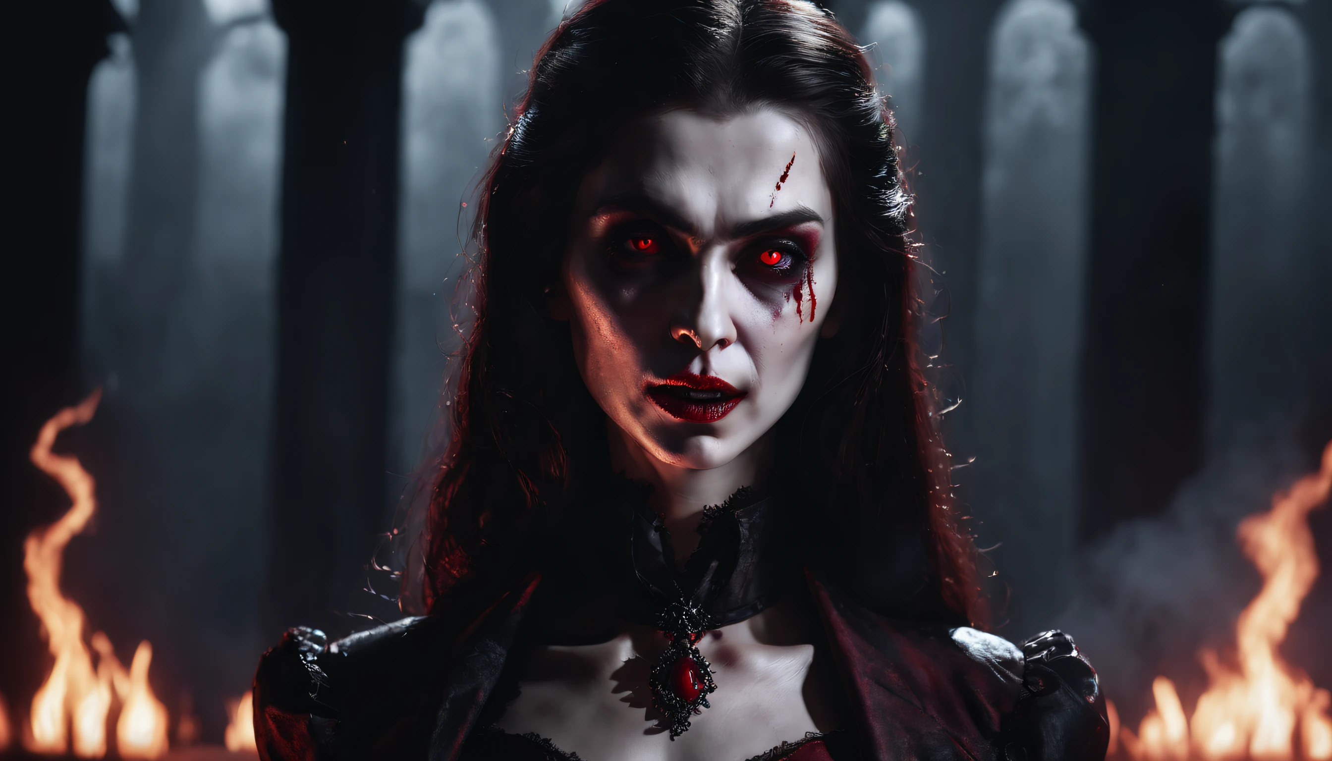 Create a chilling scene depicting a portrait of (blood-thirsty vampire:1.3). Evoke a sense of dark and sinister ambiance with dramatic lighting, intricate details, and unsettling atmosphere. Let your art showcase the terror and power in their clash, Realism, Expressionism, god rays, ray tracing, super detail, textured skin, , ultra wide shot, photorealistic, 3D rendering, UHD, 16k, masterpiece, best quality